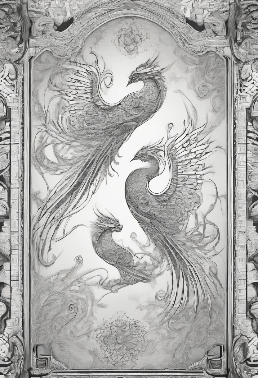 golden colored,Moire pattern,Two phoenixes,Vertically,The tails are connected,Ancient Chinese embroidery,Tangled veins,lineworks,