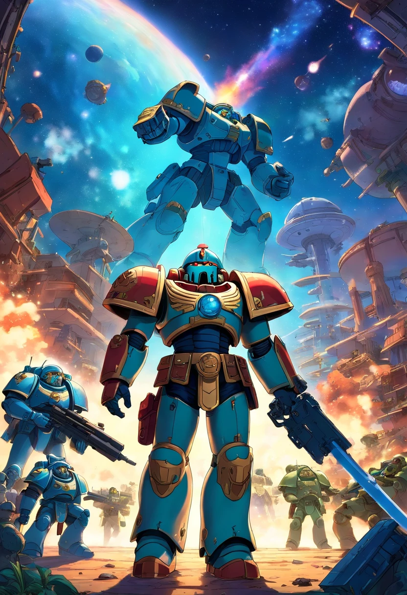 Um adeptus astartes space marine em uma armadura do poder space marine, no estilo de paisagens de jardim tranquilas, animated color photos, Masami Teraoka, aquamarine, Paulo Gauguin, Estilo Embry, retrato honesto