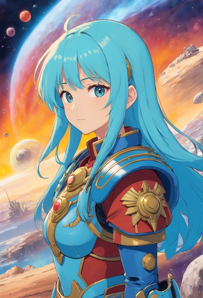 Um astartes, em uma armadura do poder space marine, he's on a hot, barren planet in, fotos coloridas animadas, Masami Teraoka, aquamarine, Paulo Gauguin, Estilo Embry, Retrato honesto