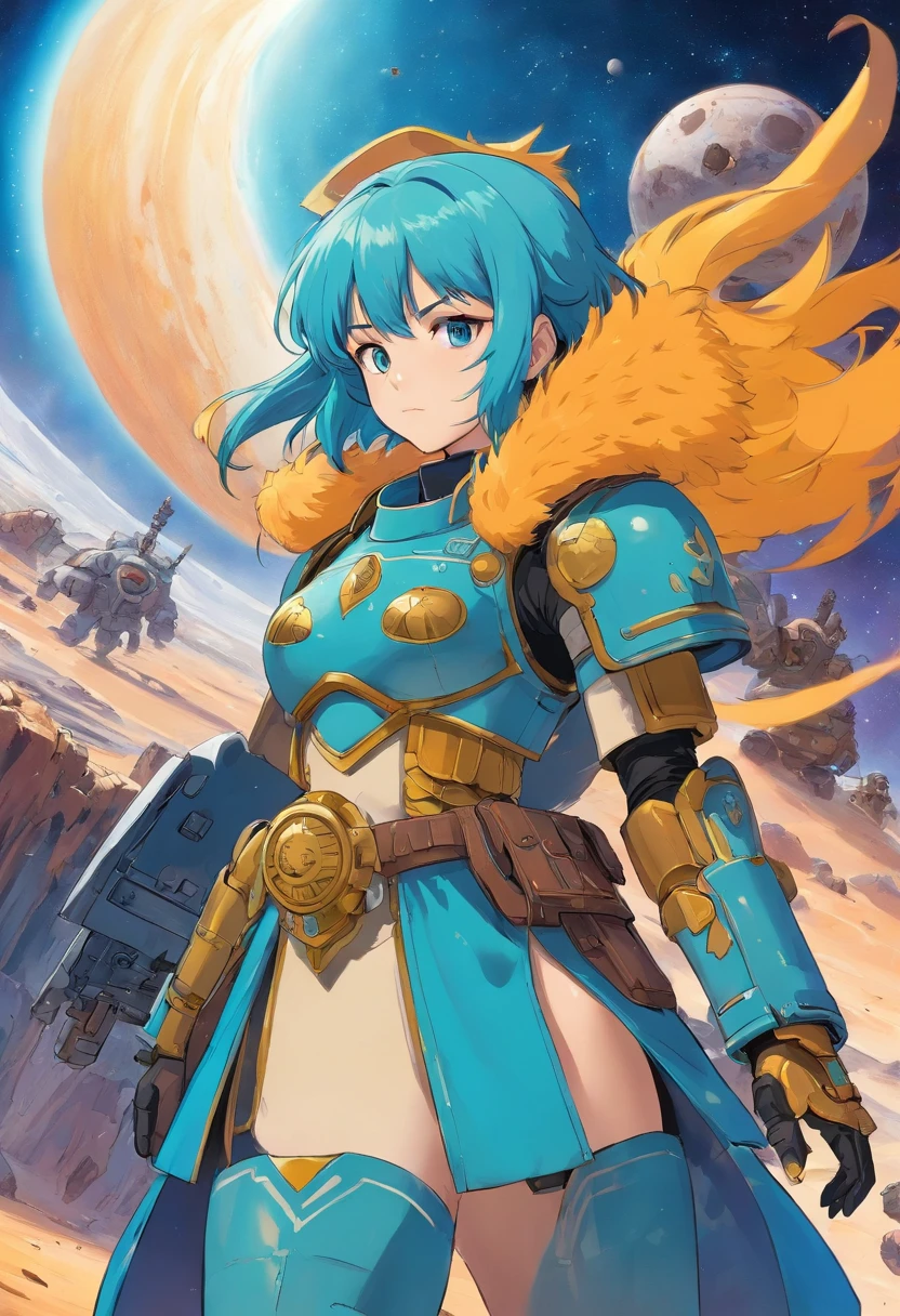 Um astartes, em uma armadura do poder space marine, he's on a hot, barren planet in, fotos coloridas animadas, Masami Teraoka, aquamarine, Paulo Gauguin, Estilo Embry, Retrato honesto