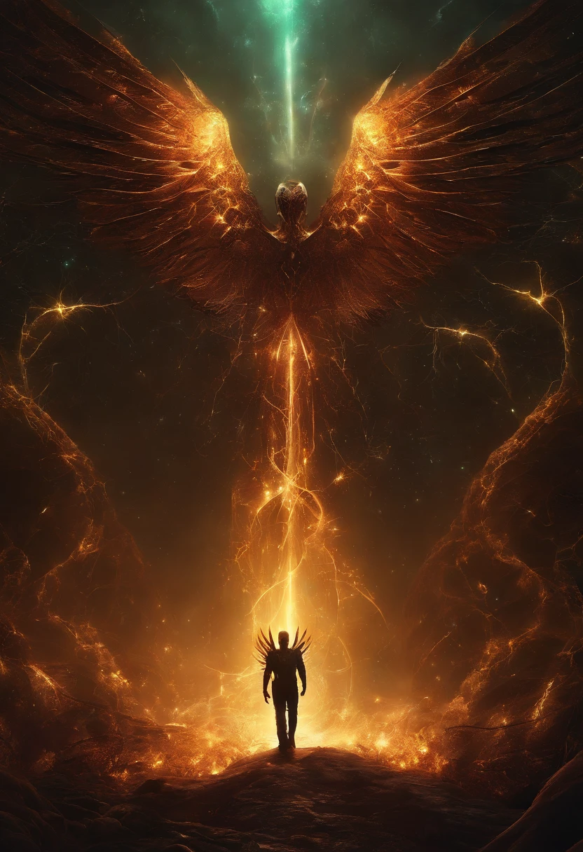 Fallen Angels of the Universe, glowing light eyes, biomechanical, eery, creepy, nightmarish, Very bright colors, light Particle, with light glowing, Musif, Wallpaper Art, UHD Wallpapers