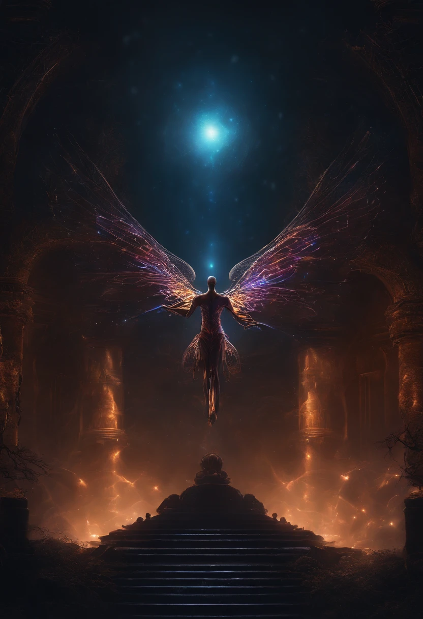 Fallen Angels of the Universe, glowing light eyes, biomechanical, eery, creepy, nightmarish, Very bright colors, light Particle, with light glowing, Musif, Wallpaper Art, UHD Wallpapers