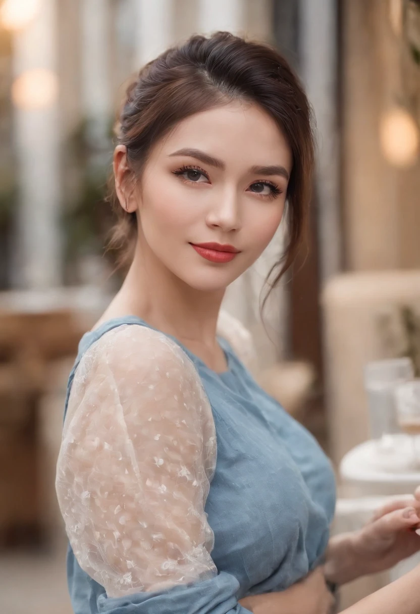 Bigchest,big assa,Lash,casual fashion, Blue ponytail,30-year-old girl,On the coffeeshop,Blushing of the face,The eyes are happy,smile,Painful expression,Cover your belly,with fair skin, full body