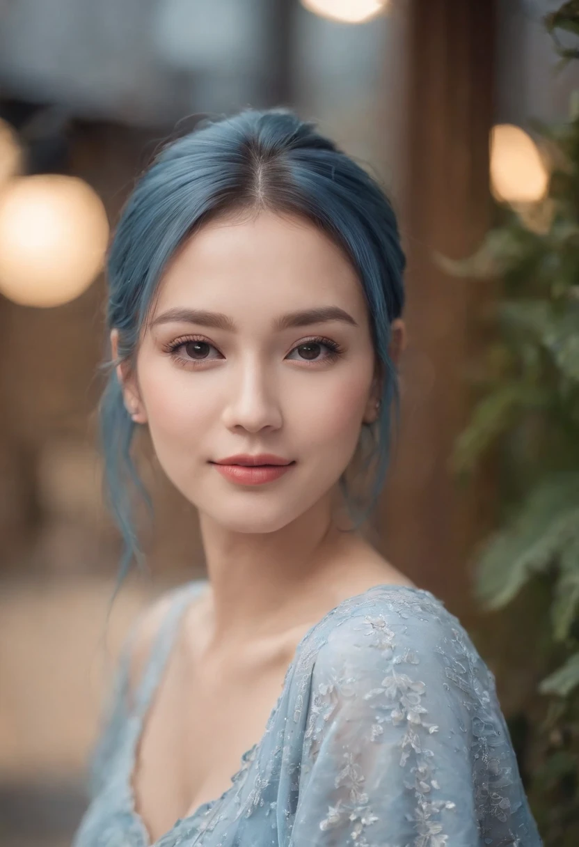 Bigchest，big assa，Lash，casual fashion, Blue ponytail，30-year-old girl，On the coffeeshop，Blushing of the face，The eyes are happy，smile，Painful expression，Cover your belly，with fair skin, full body