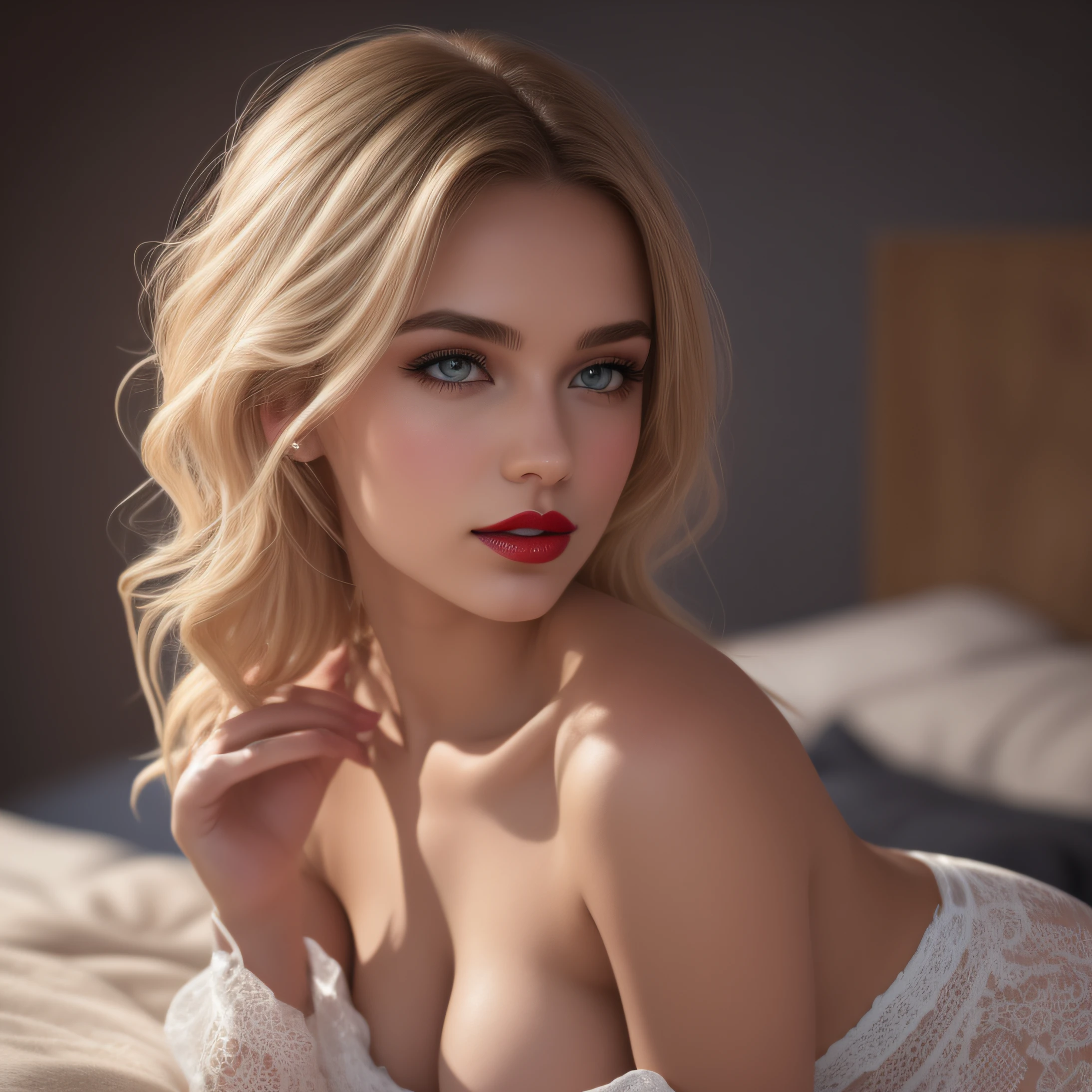 Une jeune et belle femme, blonde hair that gently falls in waves up to the shoulders, Taille moyenne, grands yeux verts, Peaux claires, Stylish and social clothing, She's at home, softlighting, All-black background, She relaxes., Son visage est naturellement serein, lips with red lipstick, culotte blanche transparente, seins nue, Cadre plus ouvert, Texture 8K, highly detailed, Realstic, soft cinematic light, Hdr, mise au point nette, tmasterpiece, FotorRealstic, award-winning photograph, Canon EOS R5, 35 mm.