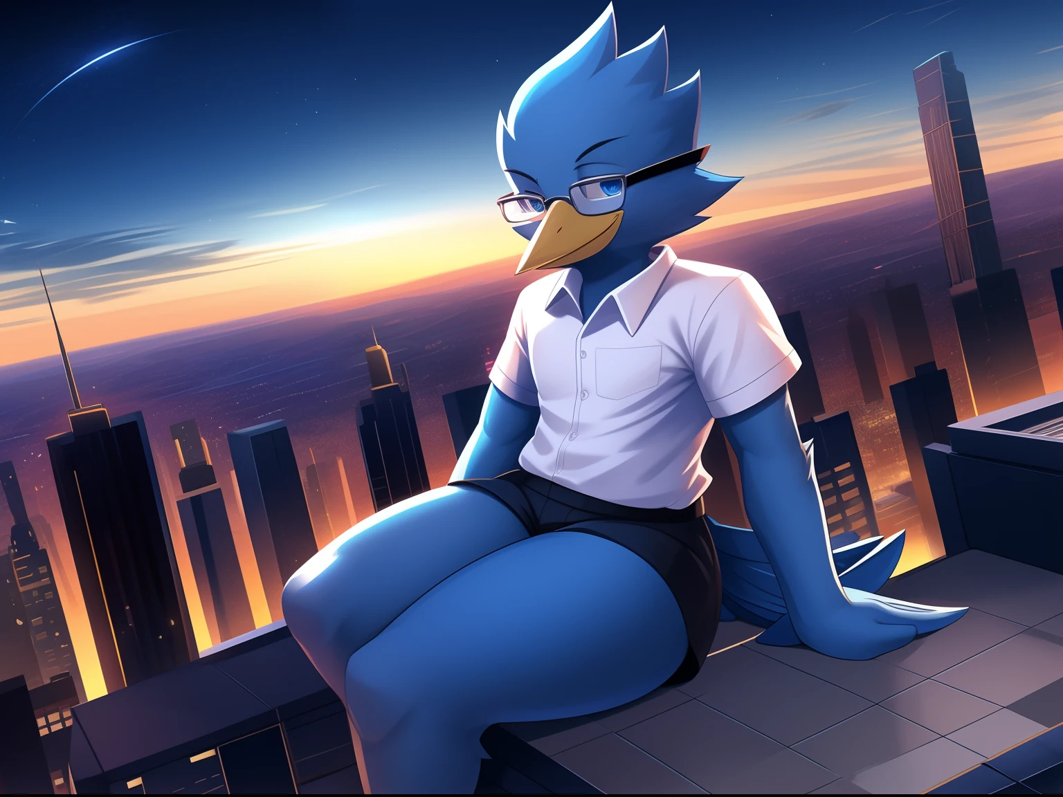 Berdly from Deltarune, professional art made by twistedscarlett60, male, solo, avian, bird, blue body, blue feathers, blue skin, artist:twistedscarlett60, glasses, thick thighs, wide hips, large thighs, white thigh highs, white shirt, gesugao, evil eyes, evil grin, yandere, yandere eyes, night, school building
