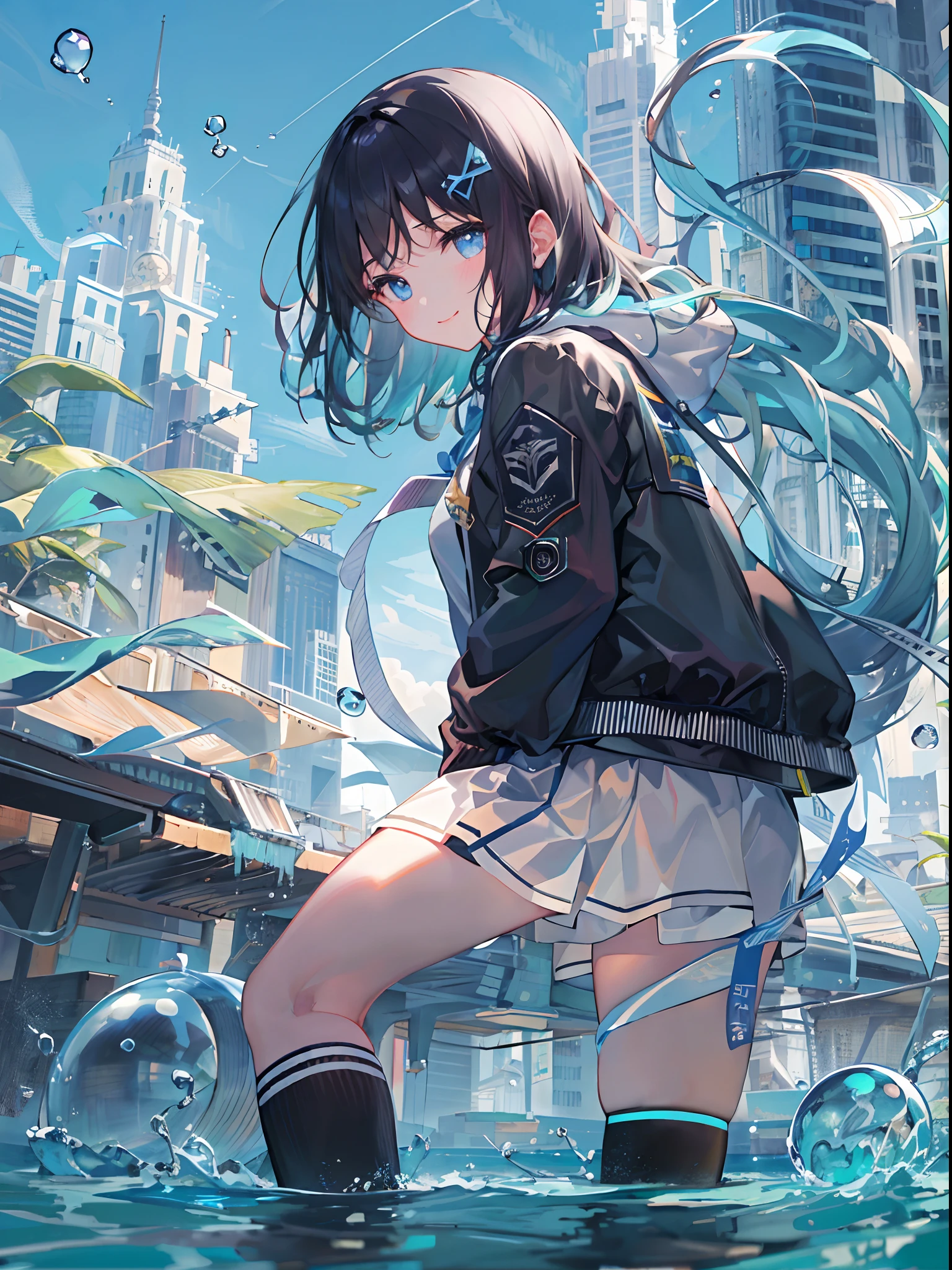 ((top-quality)), ((masterpiece)), ((ultra-detailliert)), (extremely delicate and beautiful), girl with, 独奏, cold attitude,((Black jacket)),She is very(relax)with the(Settled down)Looks,A dark-haired, depth of fields,evil smile,Bubble, under the water, Air bubble,bright light blue eyes,Inner color with black hair and light blue tips,Cold background,Bob Hair - Linear Art, shortpants、knee high socks、White uniform like school uniform、Light blue ribbon ties、Clothes are sheer、Hands in pockets