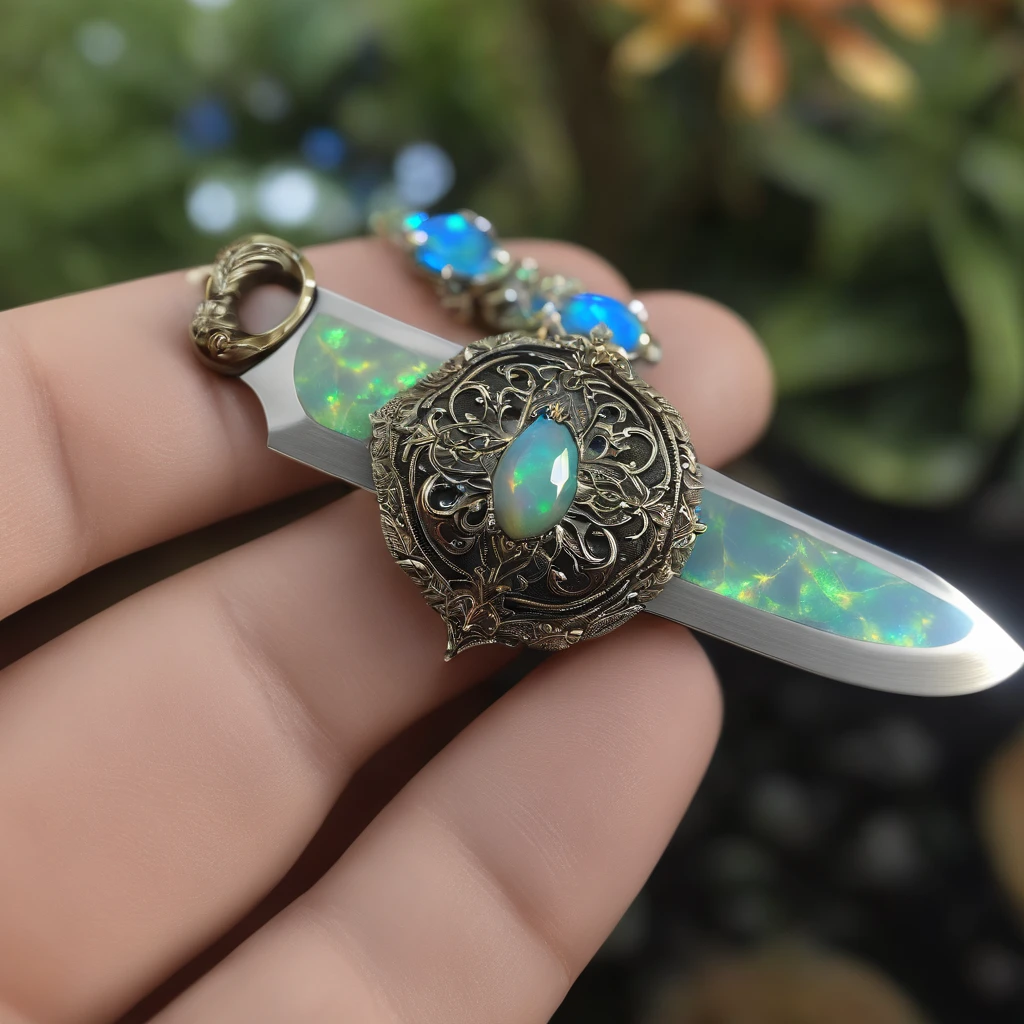 Excalibur, Delicate mango, The blade is exquisite,Well decorated,(((Blades are designed with blue opal and light green particle effect patterns...:1.3))), should, (The blades are decorated symmetrically:1.3), (The entire Excalibur blade is centered:1.3), Close-ups at medium distances,(General silhouette:1.3),(Fantastic landscape painting:1.2), hyper realistic photography, super-fine, 8K, Premium Wallpapers, The highest image quality, ..。.。.。.。.3D,C4D, tmasterpiece, rendering by octane