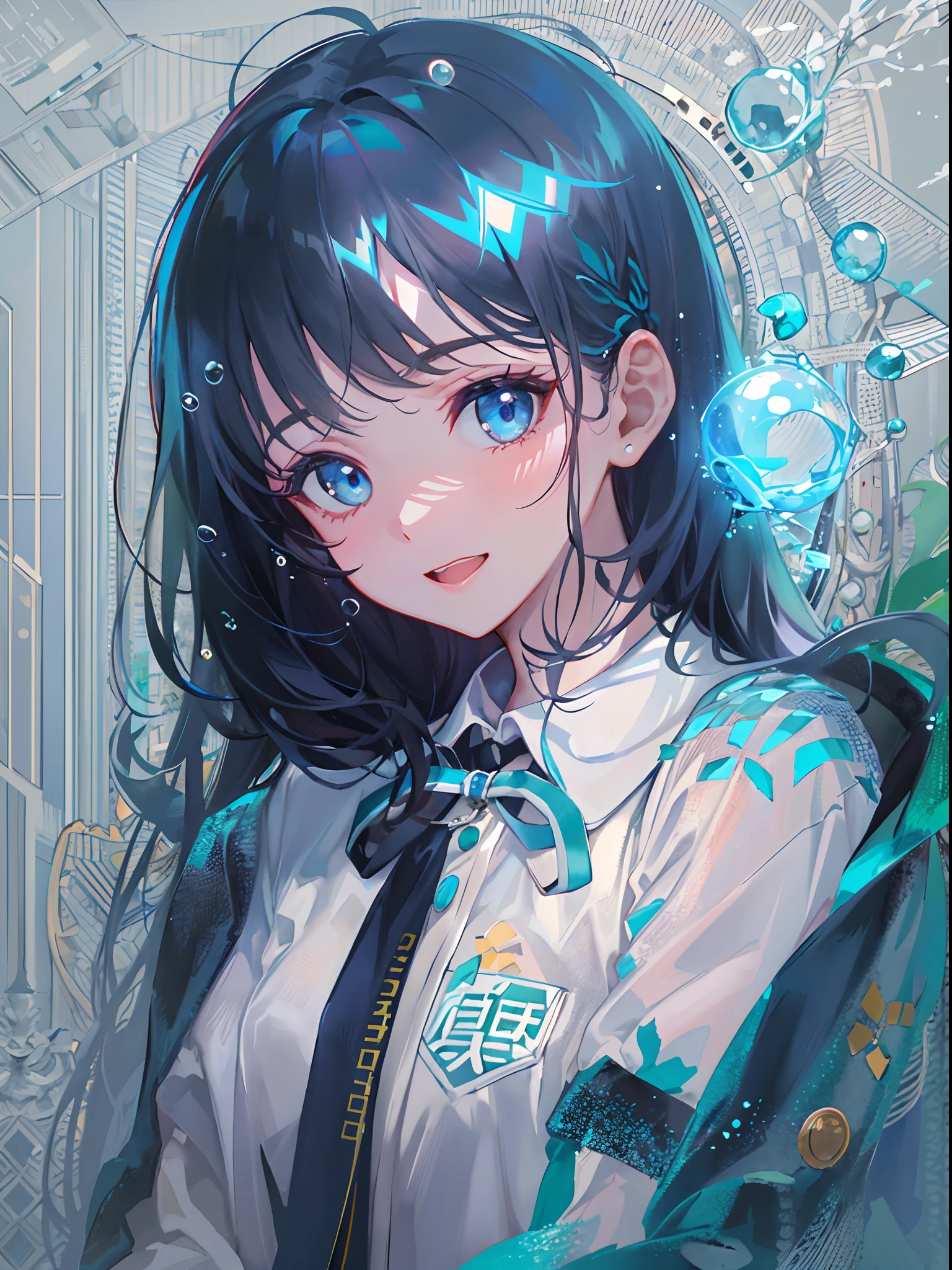 ((top-quality)), ((​masterpiece)), ((ultra-detailliert)), (extremely delicate and beautiful), girl with, 独奏, cold attitude,((Black jacket)),She is very(relax)with  the(Settled down)Looks,A dark-haired, depth of fields,evil smile,Bubble, under the water, Air bubble,bright light blue eyes,Inner color with black hair and light blue tips,Cold background,Bob Hair - Linear Art, shortpants、knee high socks、White uniform like school uniform、Light blue ribbon ties、Clothes are sheer、Hands in pockets