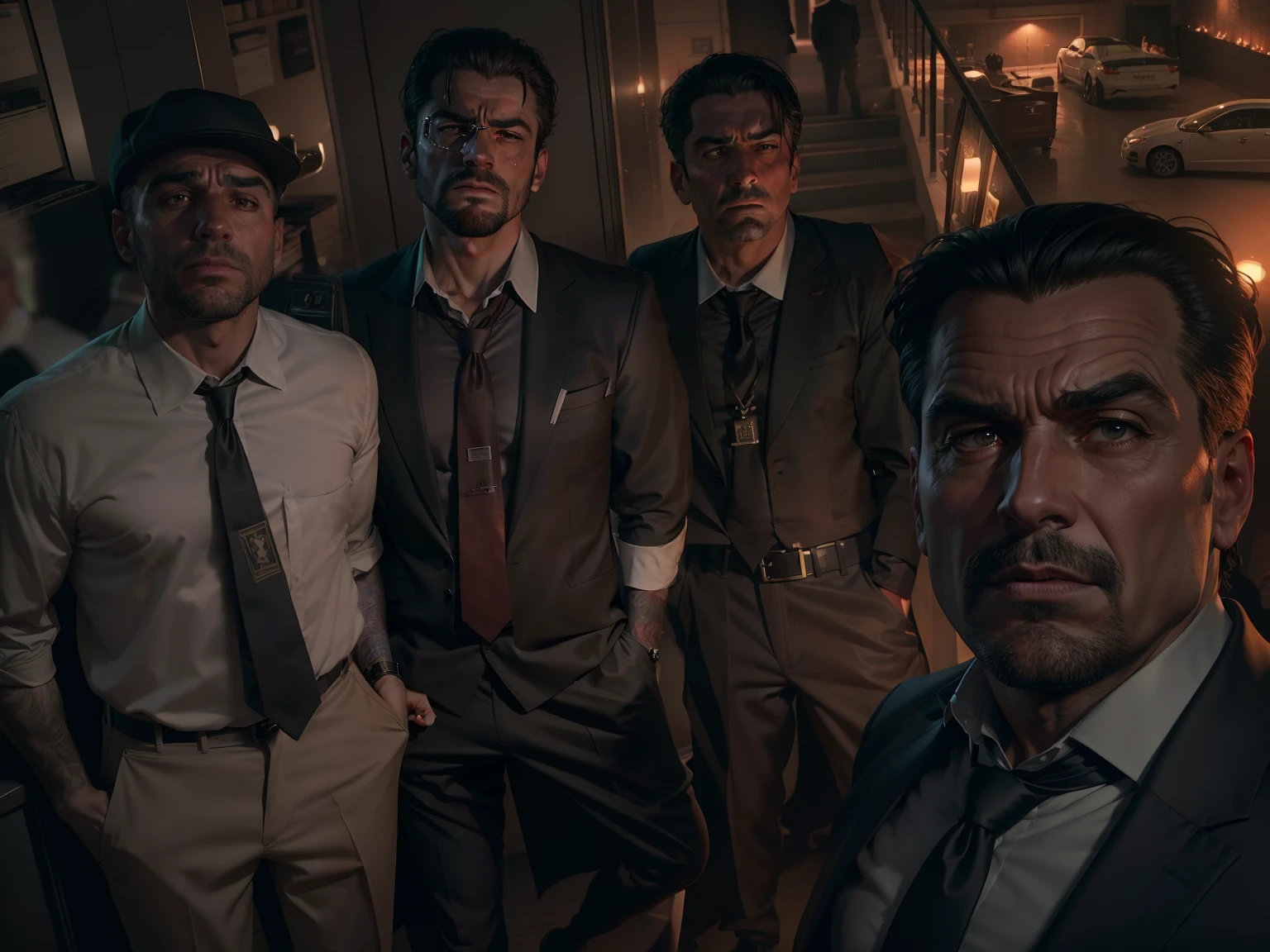 Create a cinematic and suspenseful scene featuring characters from the underground world of organized crime. Set the stage for a high-stakes confrontation in a dimly lit, smoky room where trust is scarce and secrets are deadly