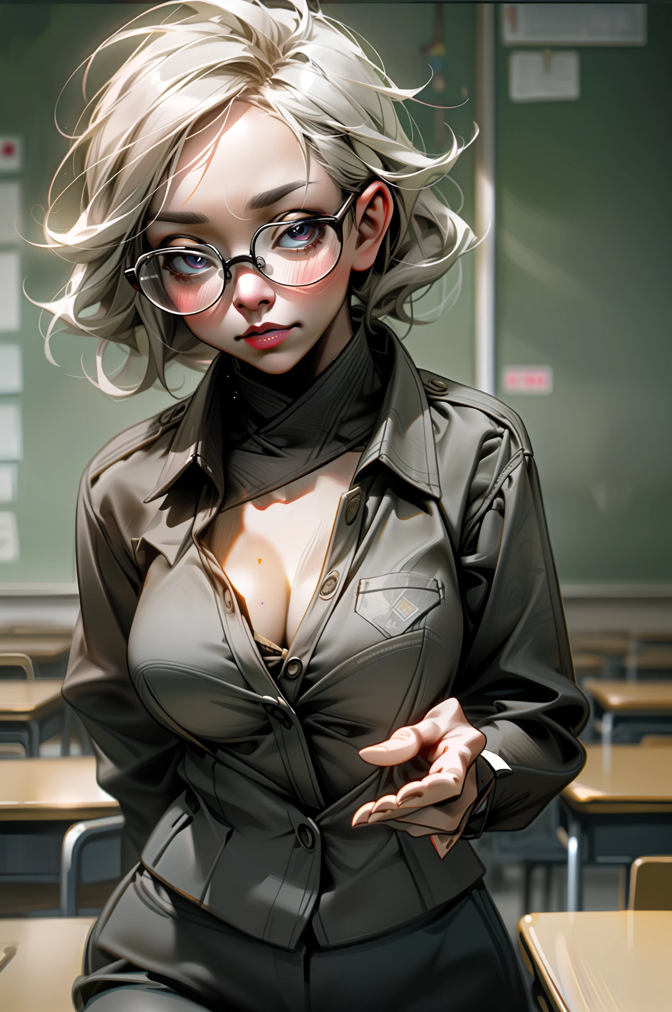 In the classroom,The teacher is lecturing the students,Gray-haired old teacher,Asian people,wears glasses,closeup cleavage,sharp focus on eyes,8K,super-fine,oil painted,Hyper-realistic,best qualtiy