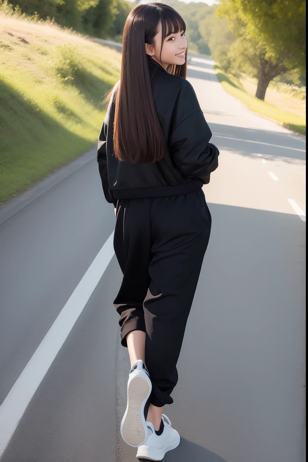 Masterpiece, Best quality, On a country road, back, Girl, Solo, Female, Long hair, Brown hair, Straight hair, bangs, Light smile, Black eyes, Jacket, Culotte pants, Skateboard shoes , Looking back, Walking, day