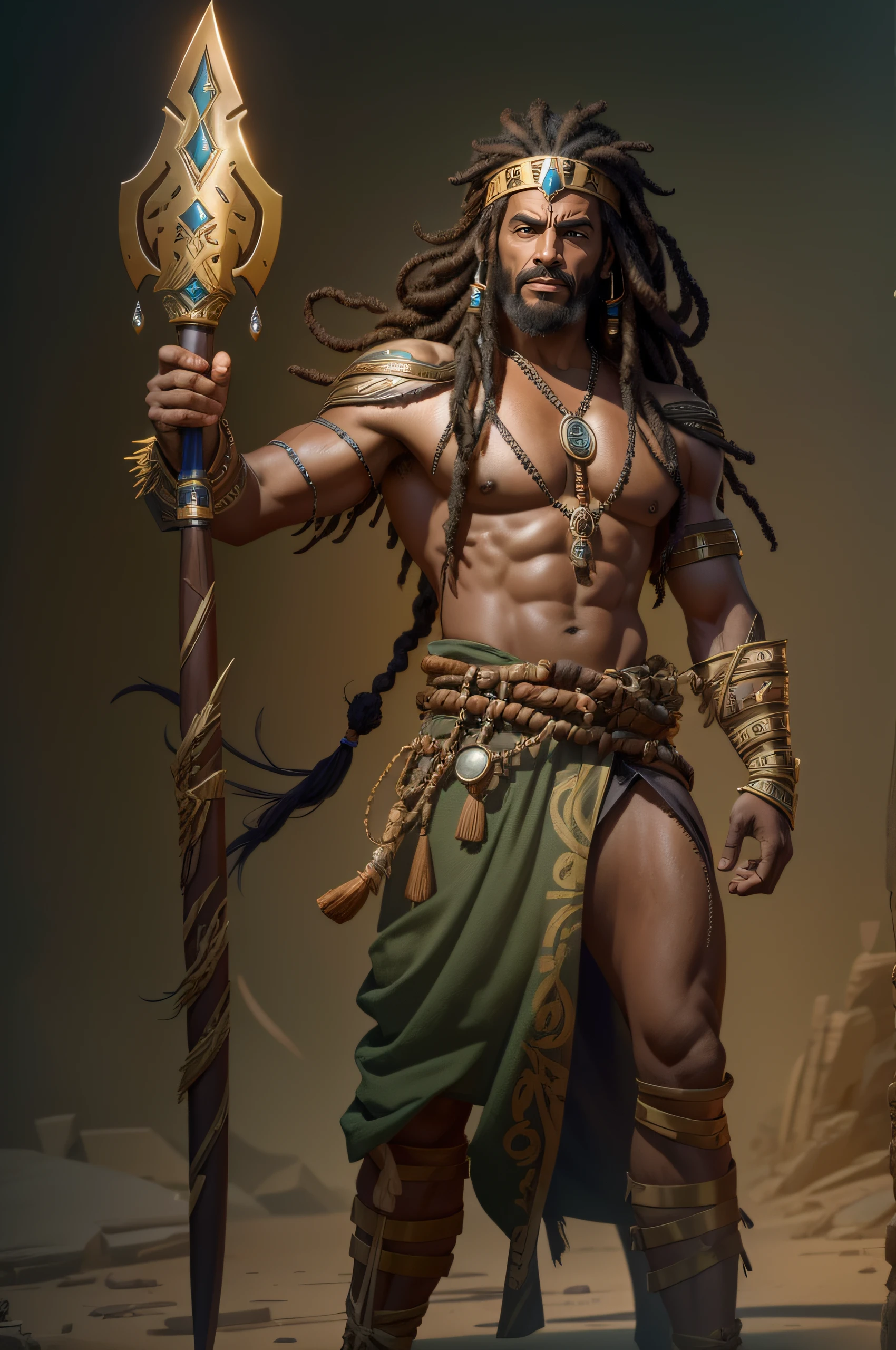 A wide shot, full-length portrait, centered, of "Create a stunning, high-resolution, photorealistic artwork of a muloto, with a a fierce pirate's eye, his right eye gleams like a mystical miracle star. Capture intricate details and make it a trending masterpiece on artStation, his base skin tone is Antique Brass dark tone skinned, rastafarian man with a long beard, and a long crook blade staff enfluenced by shepherds crook staff in his hand that is longer than his body, dreadlock hair, dravidian rastafarian half breed, cryptoShepherd as barbarian, conan, picture of an adult male warrior, male warrior, egyptian samuri warrior, male barbarian, barbarian warrior, barbarian, tarzan, hybrid from dynasty warriror, barbarian class, cloaked upper body, ancient crook staff in hand, "In the annals of time, a muloto dravidian egyptian samuri dreadlocked warrior of immense strength stands out, draped in ornate platinum, silver and gold attire, illuminated blue diamond belt jewel centered, that reflects his status as a true champion. Describe his untamed, wet appearance after a fierce clash, his wild long dreaklocked hair, his unmistakably furious expression, and the aura of heroism that surrounds his commanding stance."trend at CGSociety, Intricate, High Detail, Sharp Focus, Dramatic and Photorealistic Painting Art by Midjourney and Greg Rutkowski as he shepherds the lost, legs revealed from thighs to feet, cascading long dreadlocks influenced by Thomas Sackmann of artstation, Ripped hero, intricate muscular details, photorealistic artwork, 4K resolut in which the face and its expressions are predominant, the intent is to display the likeness, personality, and even the mood of Madame Tusssaud influenced replica of this isometric manga pen base concept art converted to PIXI DOT of ARTSTATION influenced blender 3D model using photo realism as template and having a granular evolution to pure graphics, dreadlocks influenced by Tomas Sackmann of ARTSTATION, in high quality rendering