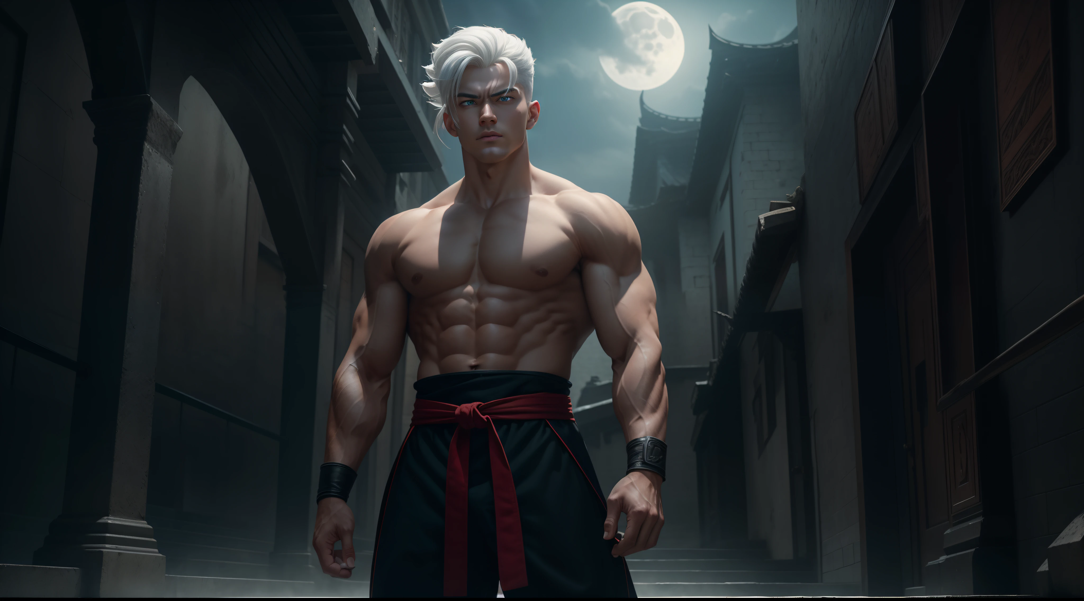 A true masterpiece of masculine beauty. Guts, 20 years old, Wears a martial arts outfit and fights in a haunted and abandoned city. Moonlight accentuates muscles just right. The landscape is lush and mysterious, with a dark city. The camera details everything. When looking at beautiful eyes, attractive blue eyes facing the viewer, one can clearly see every small detail, every perfect line, every detail of beautiful 8K quality skin, everyone is captivated by the beauty. Confidence radiates from every look. His head has white hair and his face is meticulously detailed in 8K quality images. Is a character in the Dragon Ball Seven series.​