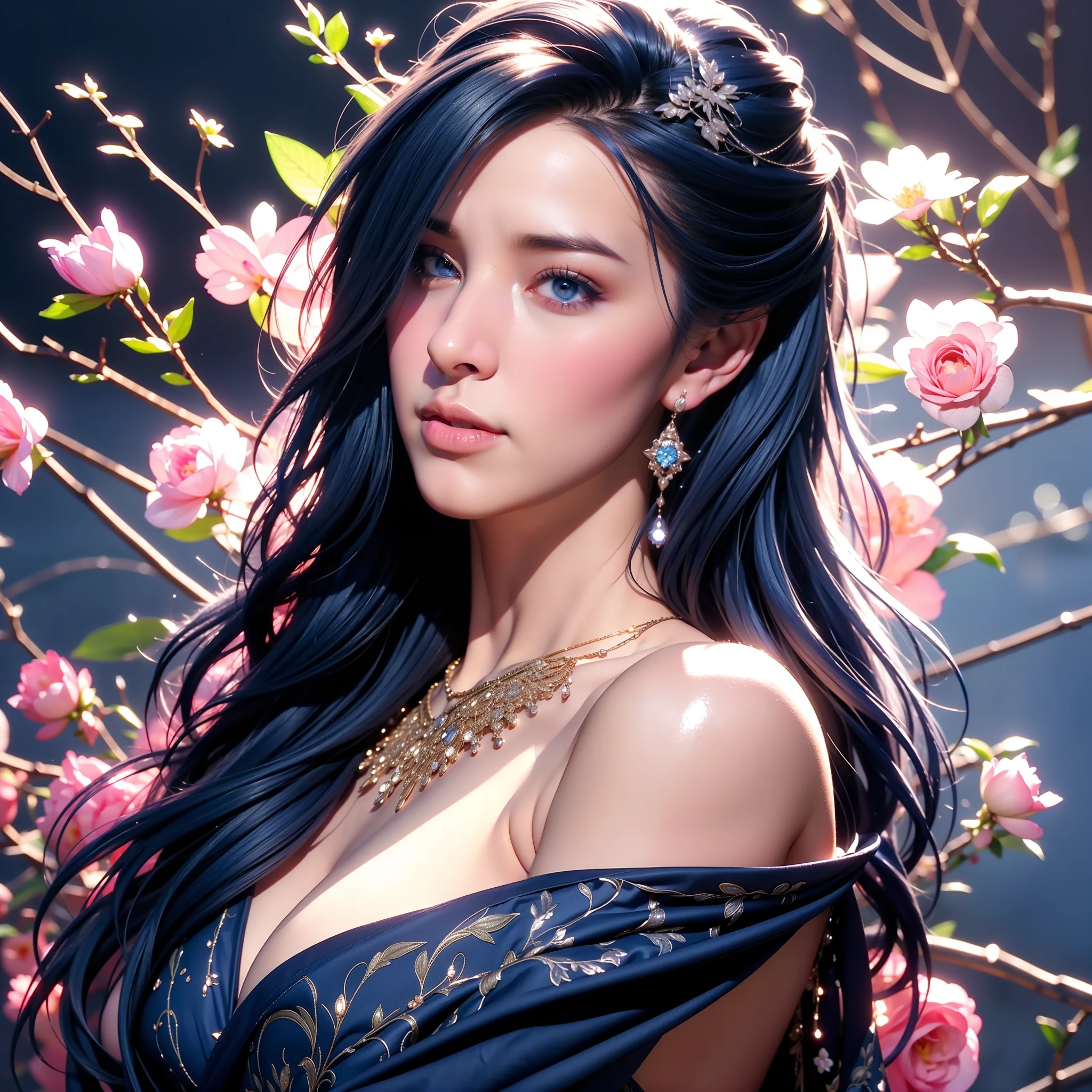 (cowboy shot),an woman with modern style, (((dark blue hair color))),(colorful),(finely detailed beautiful eyes and detailed face, dark blue long hair), flowers on head,cinematic lighting,extremely detailed CG unity 8k wallpaper,((flying petal)),(Flowery meadow), night, moonlight, shadows, light, living room,(masterpiece, best quality), cyberpunk, (((detailed black sexy dress))), pink laces,((darkblue untied flowing hair and a nice flowers background)), cool style, high detailed background , curvy body, gorgeous, elegant, simple gold necklace, dynamic pose, realistic, detailed facial expression, beautiful mesmerizing face, mad, sadistic smile, (bright blue eyes:1.14), real life skin, 8k, intricate detail, professional lighting, full body shot, dynamic angle shot, looking at camera, stunning Unreal Engine, soft diffused lighting, evil,1 girl, sexy, sensual, a 20 yo woman,(natural skin texture, soft light, sharp), big boobs