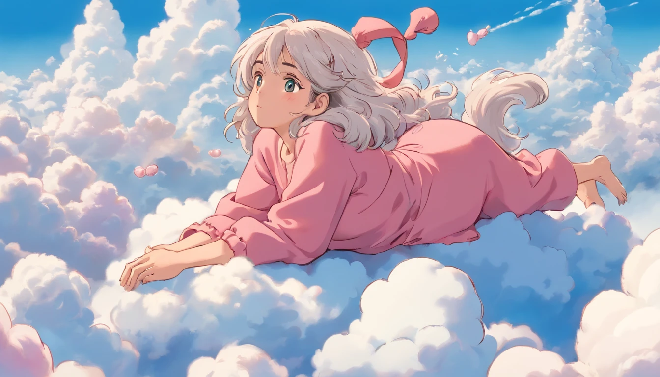 comic strip, mesmerising mature woman lying on beautiful fluffy clouds in the sky, (adult woman:1.4), (mature face:1.4), big breast, On thick clouds such as marshmallows, Pink pajamas, Detail enhancement, 8K, super-fine, concept-art, number art