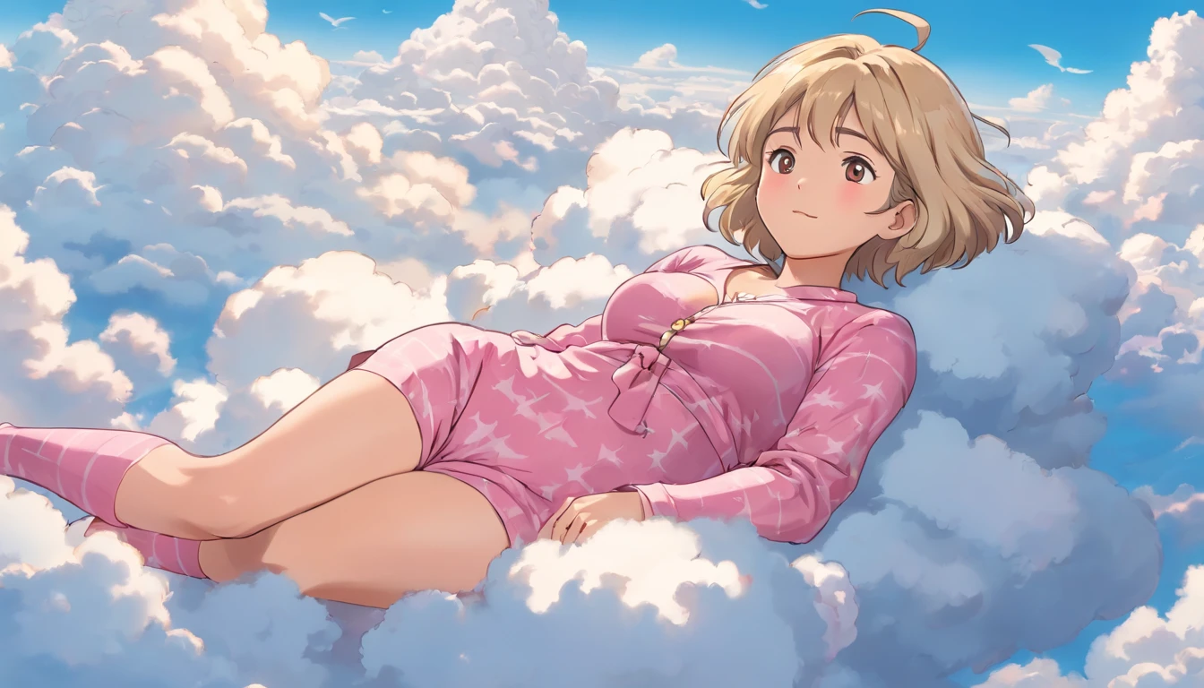 comic strip, mesmerising mature woman lying on beautiful fluffy clouds in the sky, (adult woman:1.4), (mature face:1.4), big breast, On thick clouds such as marshmallows, Pink pajamas, Detail enhancement, 8K, super-fine, concept-art, number art