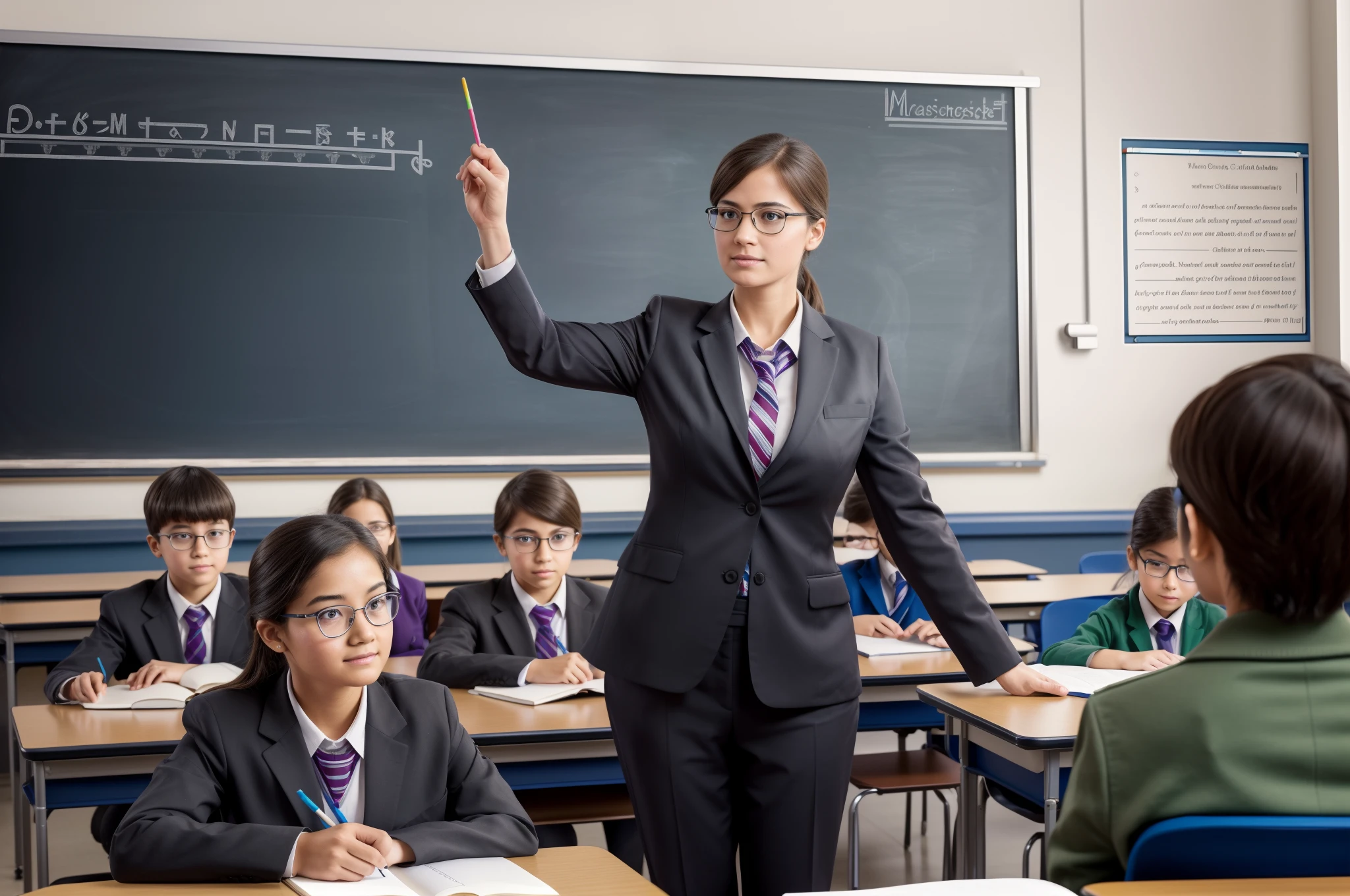 (best quality,4k,8k,highres,masterpiece:1.2),ultra-detailed,(realistic,photorealistic,photo-realistic:1.37),a strict teacher with glasses and chalk in her hands,chalkboard with complex formulas and equations written on it,students sitting attentively at their desks,books and notebooks neatly arranged on the desks,teacher wearing a formal suit and holding a pointer,blackboard filled with colorful illustrations of different subjects such as science and literature,students raising their hands to answer questions,teacher with a confident and knowledgeable expression,fluorescent lights illuminating the classroom,warm and inviting color tones,subtle backlighting to create a focused atmosphere