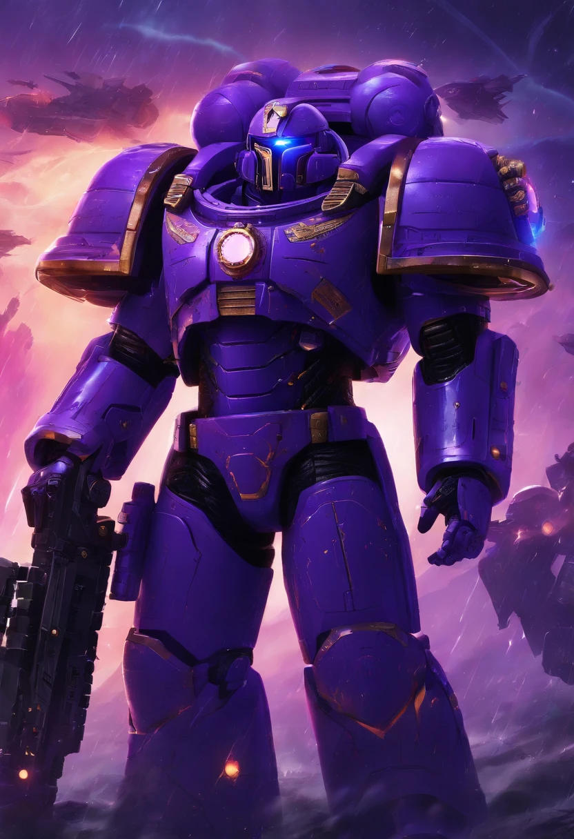 Space marine astartes, Warhammer40k,dim sky, purple lighting, chuva,lightnings, hyper realistic, altamente detalhado,8k