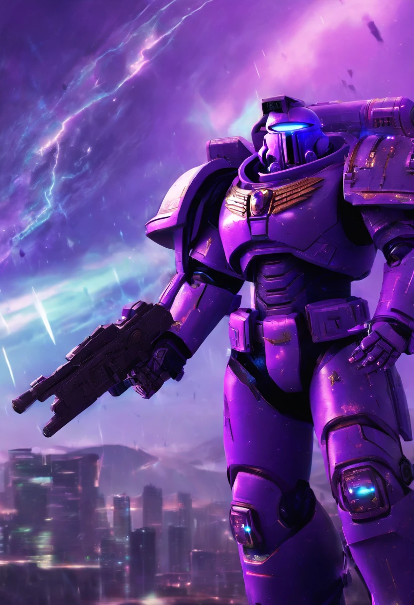 Space marine astartes, Warhammer40k,dim sky, purple lighting, chuva,lightnings, hyper realistic, altamente detalhado,8k