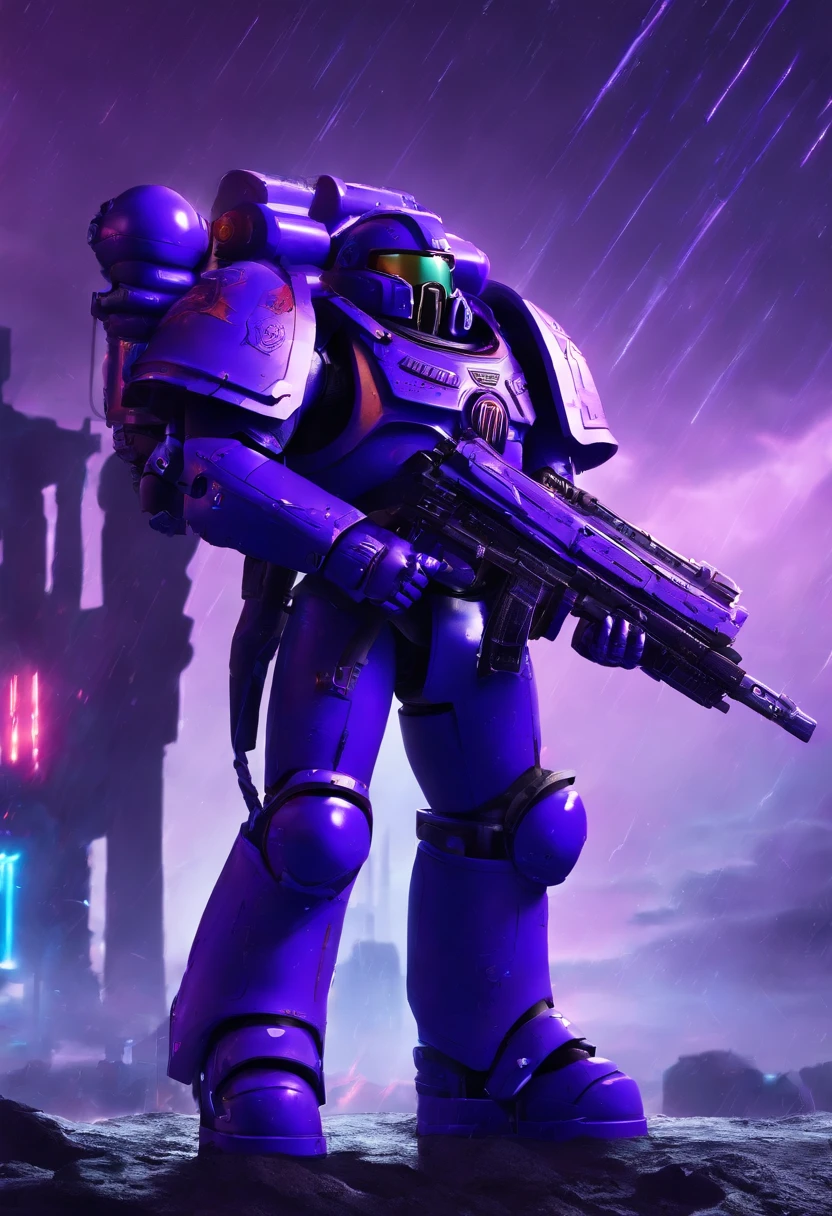 Space marine astartes, Warhammer40k,dim sky, purple lighting, chuva,lightnings, hyper realistic, altamente detalhado,8k