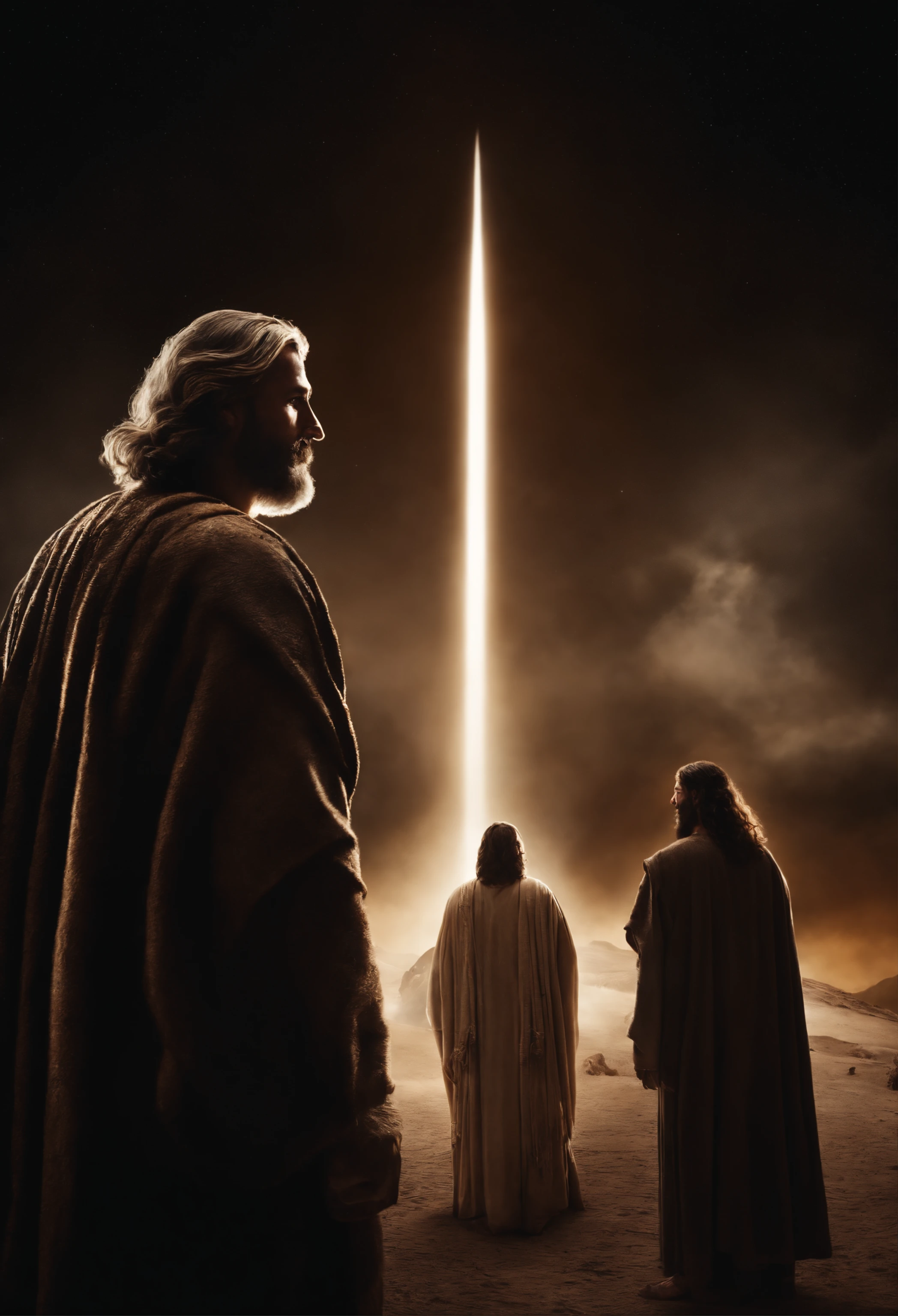 An image of Enoch, Elijah and Jesus side by side, with each of them on a celestial plane,They can be in poses that represent their importance in the stories.