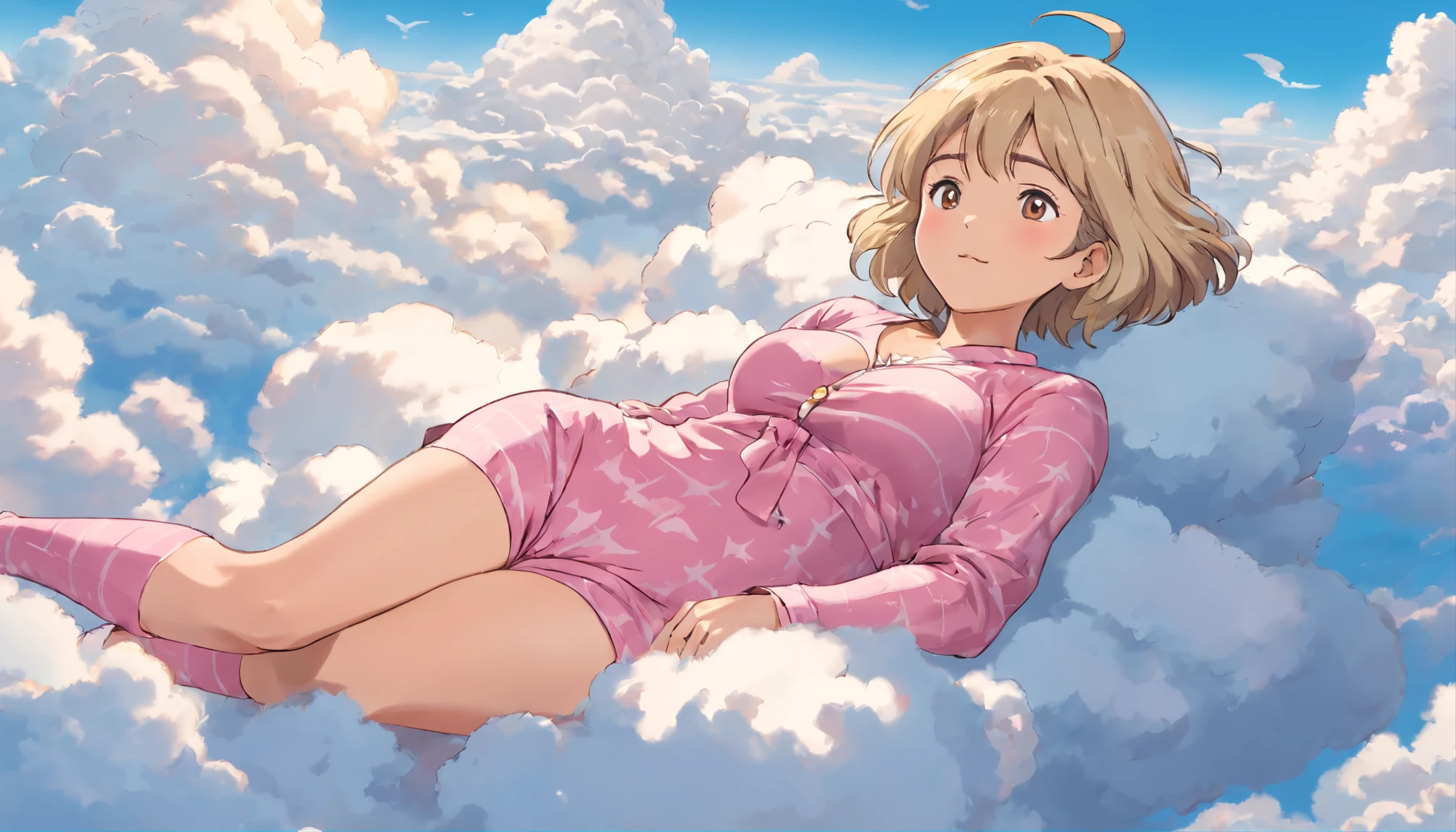 comic strip, mesmerising mature woman lying on beautiful fluffy clouds in the sky, (adult woman:1.4), (mature face:1.4), big breast, On thick clouds such as marshmallows, Pink pajamas, Detail enhancement, 8K, super-fine, concept-art, number art