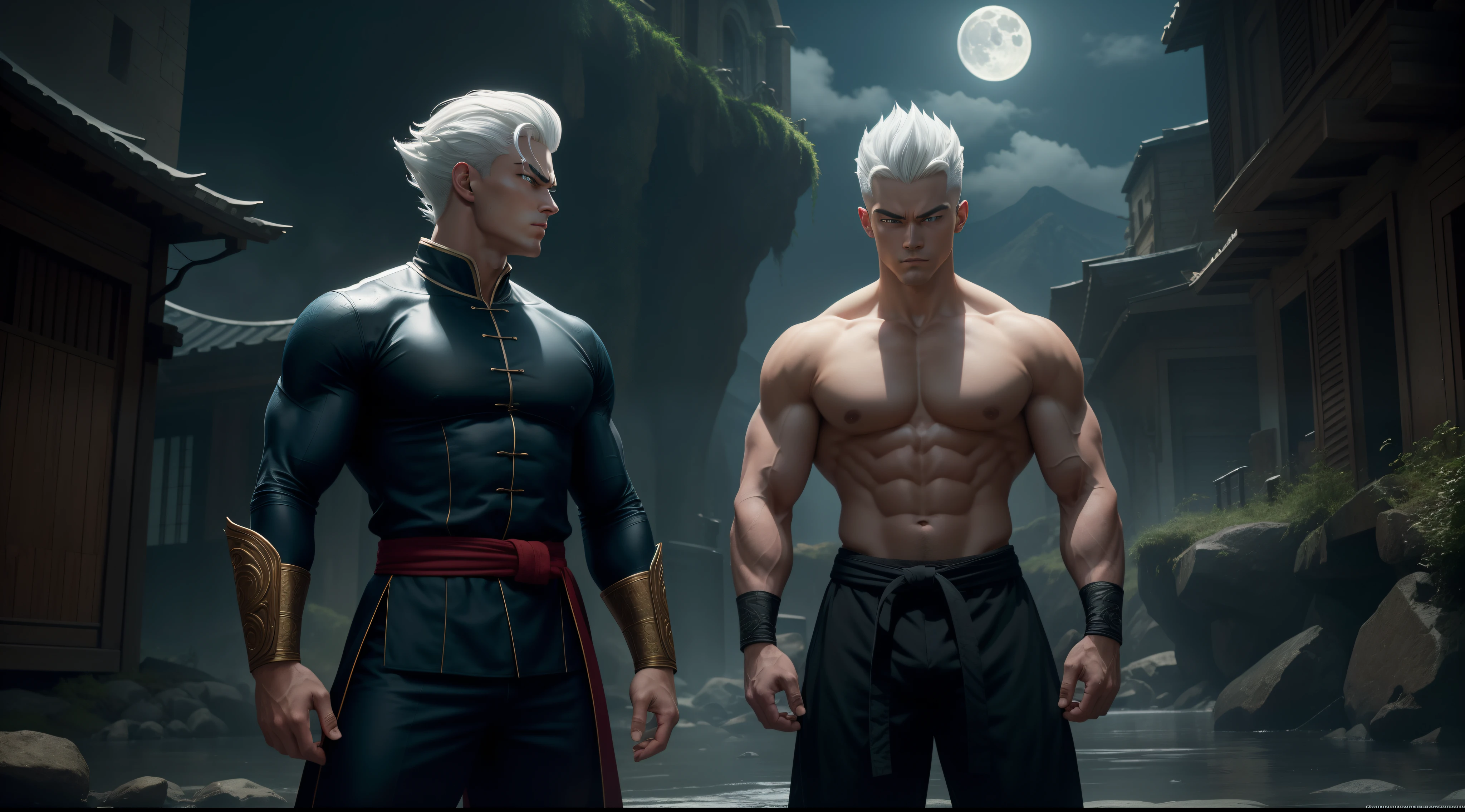 A true masterpiece of masculine beauty. Guts, 20 years old, Wears a martial arts outfit and fights in a haunted and abandoned city. Moonlight accentuates muscles just right. The landscape is lush and mysterious, with a dark city. The camera details everything. When looking at beautiful eyes, attractive blue eyes facing the viewer, one can clearly see every small detail, every perfect line, every detail of beautiful 8K quality skin, everyone is captivated by the beauty. Confidence radiates from every look. His head has white hair and his face is meticulously detailed in 8K quality images. Is a character in the Dragon Ball Seven series.
