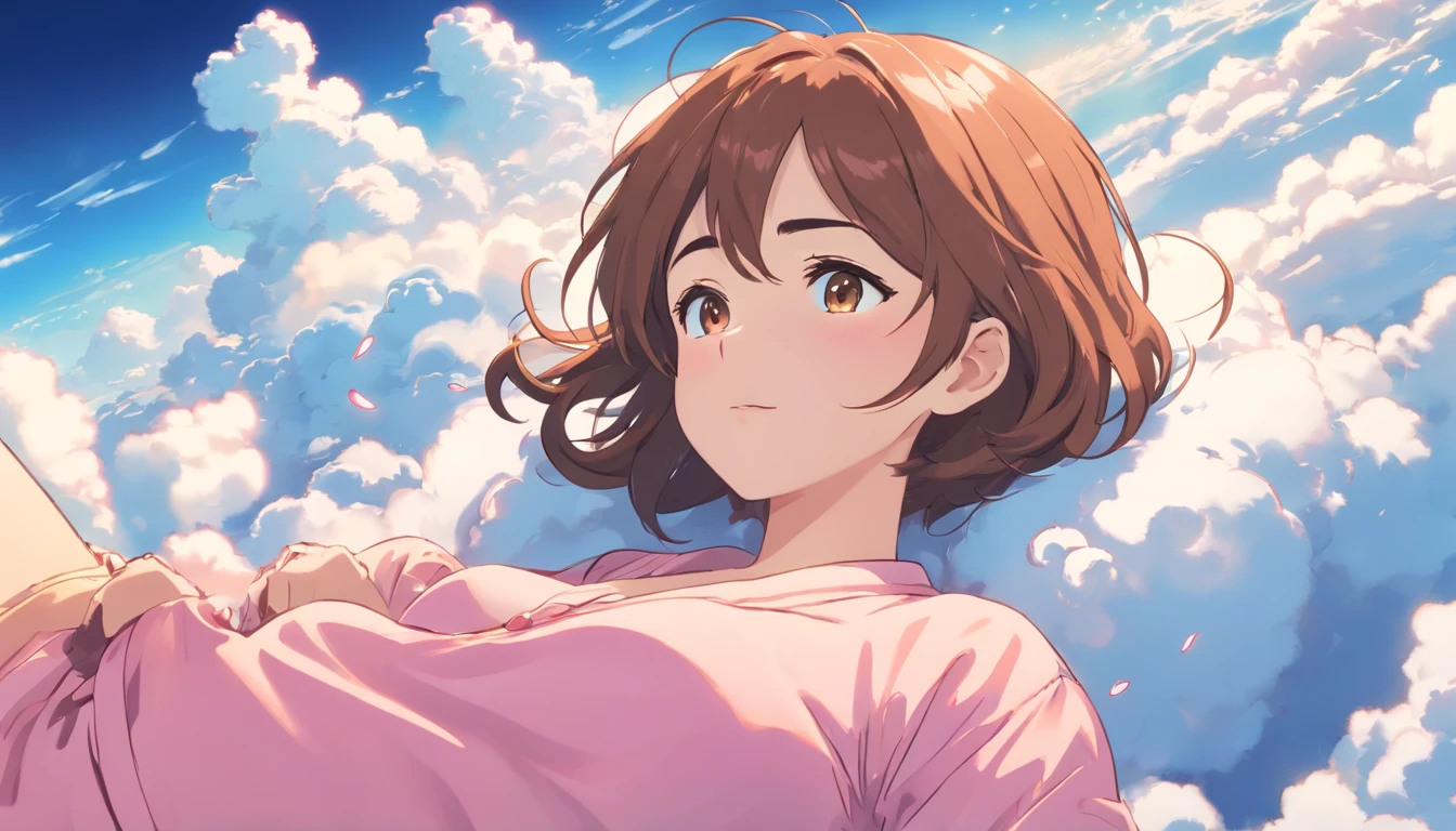 comic strip, mesmerising mature woman lying on beautiful fluffy clouds in the sky, (adult woman:1.4), (mature face:1.4), big breast, On thick clouds such as marshmallows, Pink pajamas, Detail enhancement, 8K, super-fine, concept-art, number art