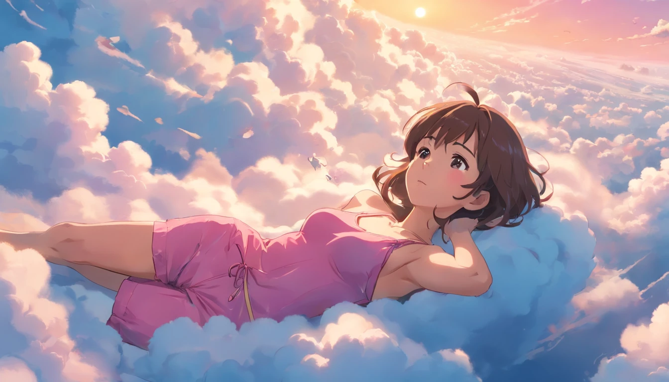 comic strip, mesmerising mature woman lying on beautiful fluffy clouds in the sky, (adult woman:1.4), (mature face:1.4), big breast, On thick clouds such as marshmallows, Pink pajamas, Detail enhancement, 8K, super-fine, concept-art, number art
