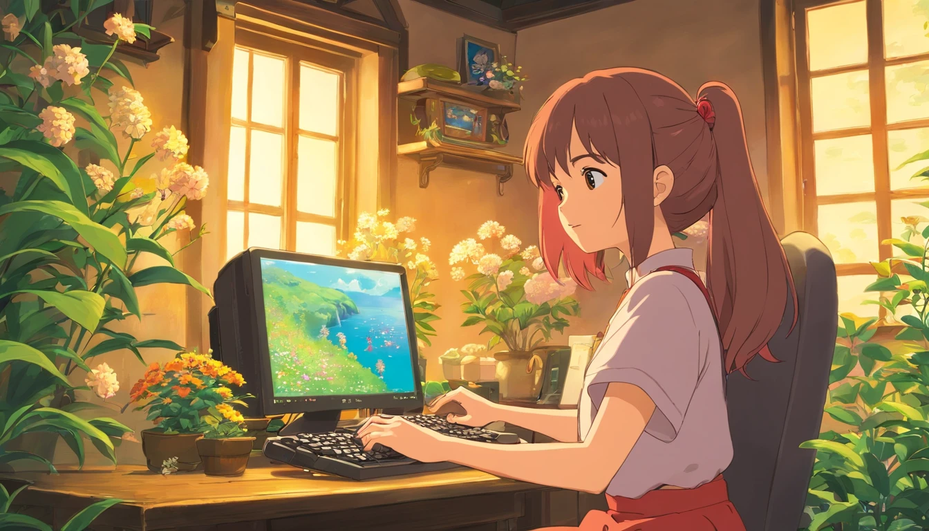 olhando para o computador, mulher, fone de ouvido, quarto, flores, lofi , sentada estudando e olhando para o computador, fone de ouvido, flores