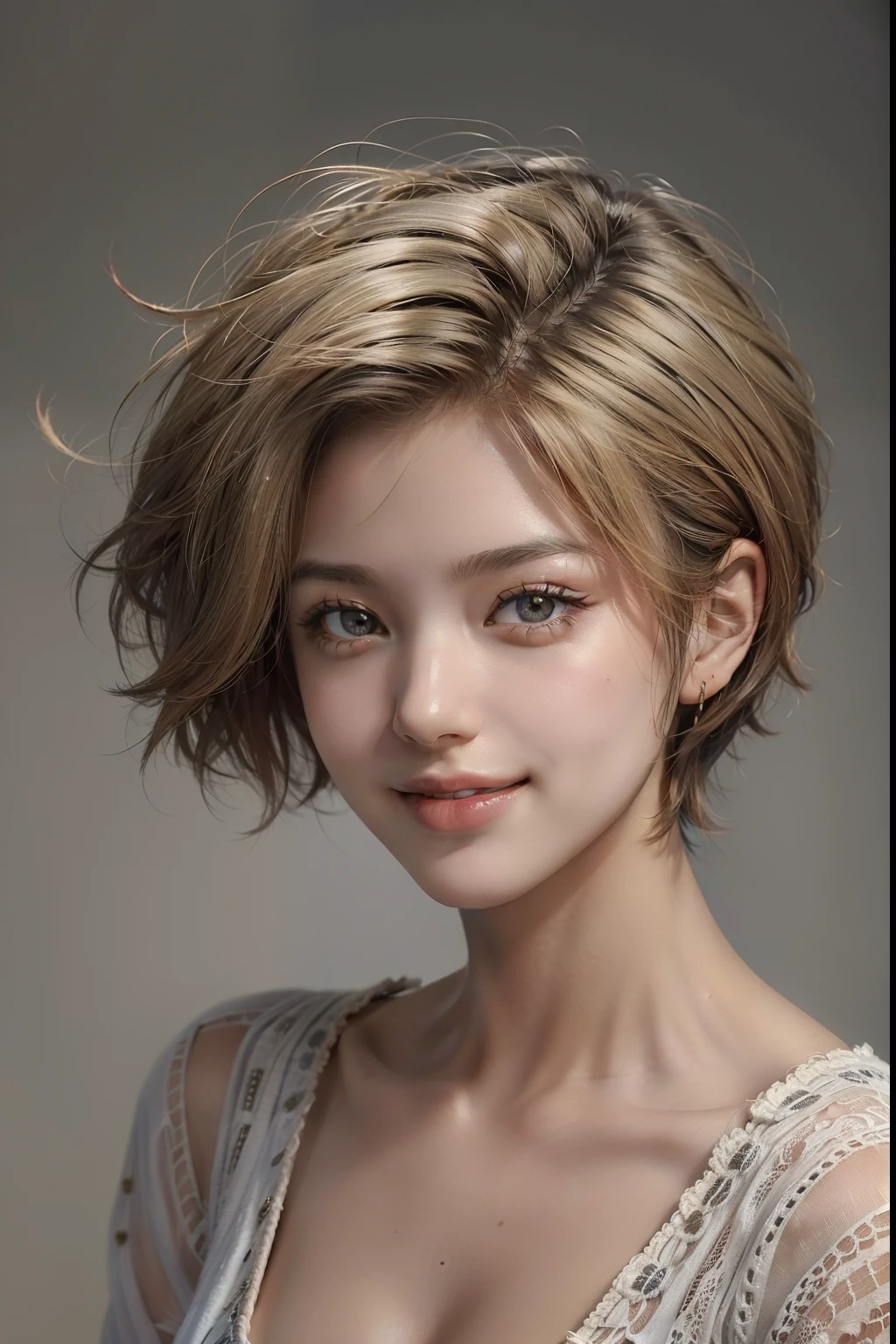 (masterpiece), (best quality), 8k resolution, 1girl, stunning beauty, perfect face, smile, mature female, 30yo, sexy, cropped shirt, bob cut hair, messy short hair, underboob