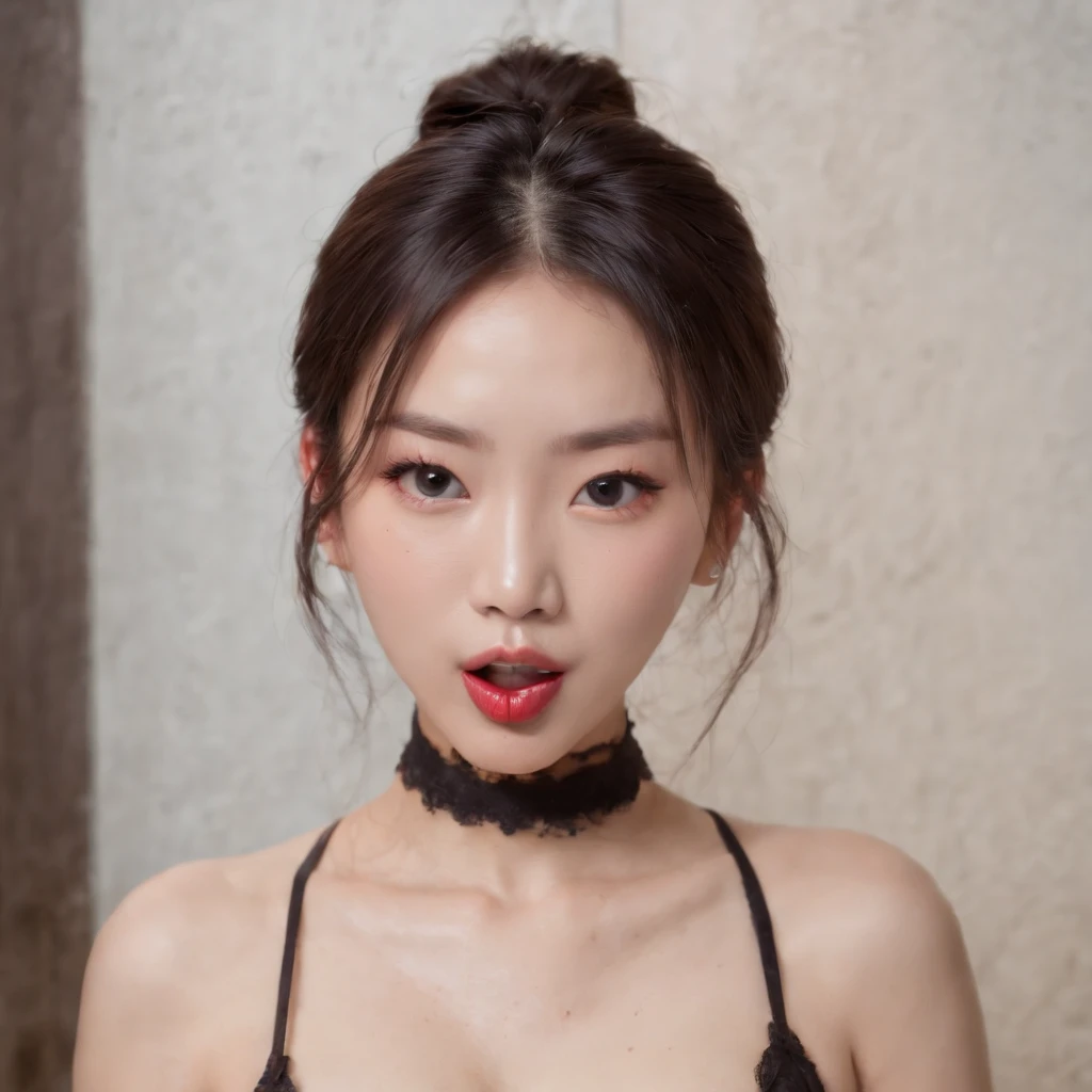 Asian Sex Slaves, black choker, submissive, looking at viewer, seductive, (tongue out:1.5), (open mouth:1.5), (eyes rolled back in head:1.5), (ahegao:1.5)
