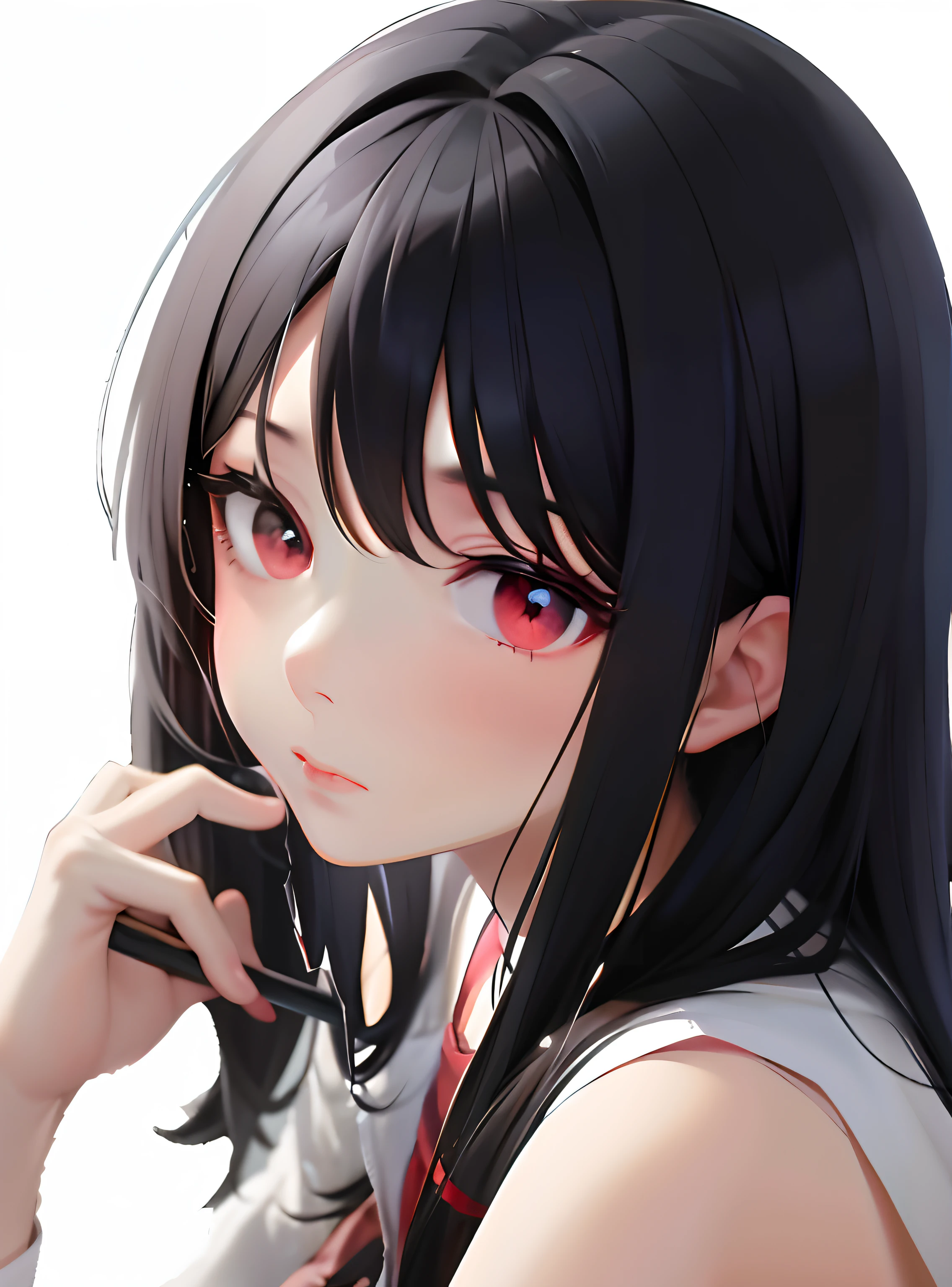 anime girl with black hair and red eyes holding a cell phone, anime style 4 k, realistic anime art style, Smooth Anime CG Art, anime moe art style, Portrait Anime Girl, Anime style. 8K, Stunning anime face portrait, portrait of anime girl, Beautiful Anime Face, anime style portrait, digital anime art, Beautiful Anime Portrait, Realistic anime art style