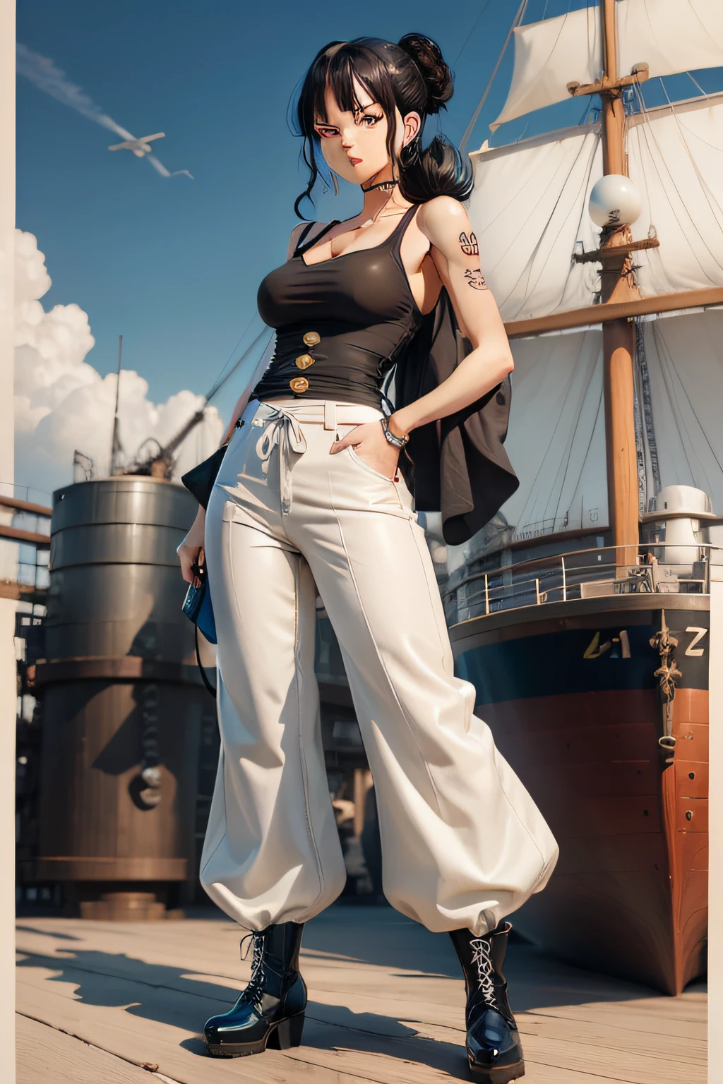 ((one piece)), woman, black hair, claw clip hairstyle, bangs, blue eyes, high boots, pants, white clothes, blue japanese cloud tattoo, standing in ship deck