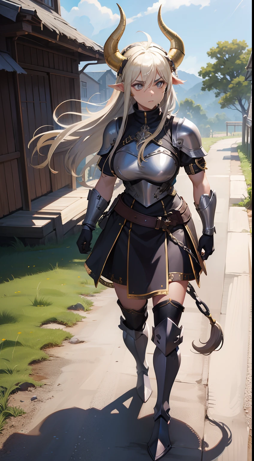 1woman,30s,cow horns,solo,muscle, templar golden knight outfit, gray long chainmail skirt, head armor,face armor, black long boots, road, masterpiece, HD, vibrant,night