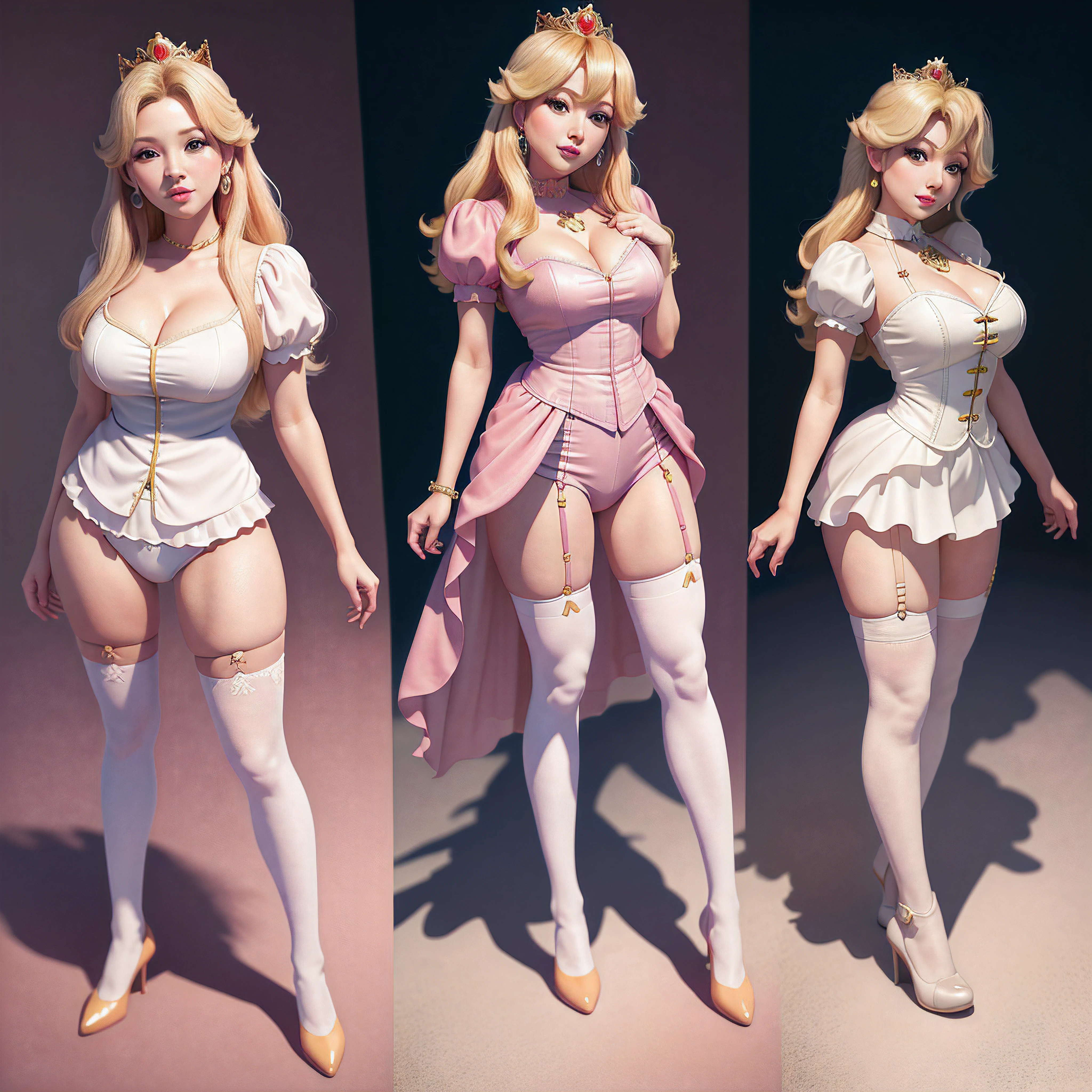 STICKER Princess Peach, (best quality, masterpiece, highres:1.3), (solid outline:1.2), absurdres, women full view, large breasts,  blush, blonde hair, see thru, milf, full body portrait, cowboy shot, no background, looking up, perfect face, detailed face, bangs, perfect body, beautiful eyes, pretty face, bright skin, idol, shoes, cleavage, face view, ass view, side by side, sexy stockings, unbutton top, panties, full body, shoes visible, standing up,