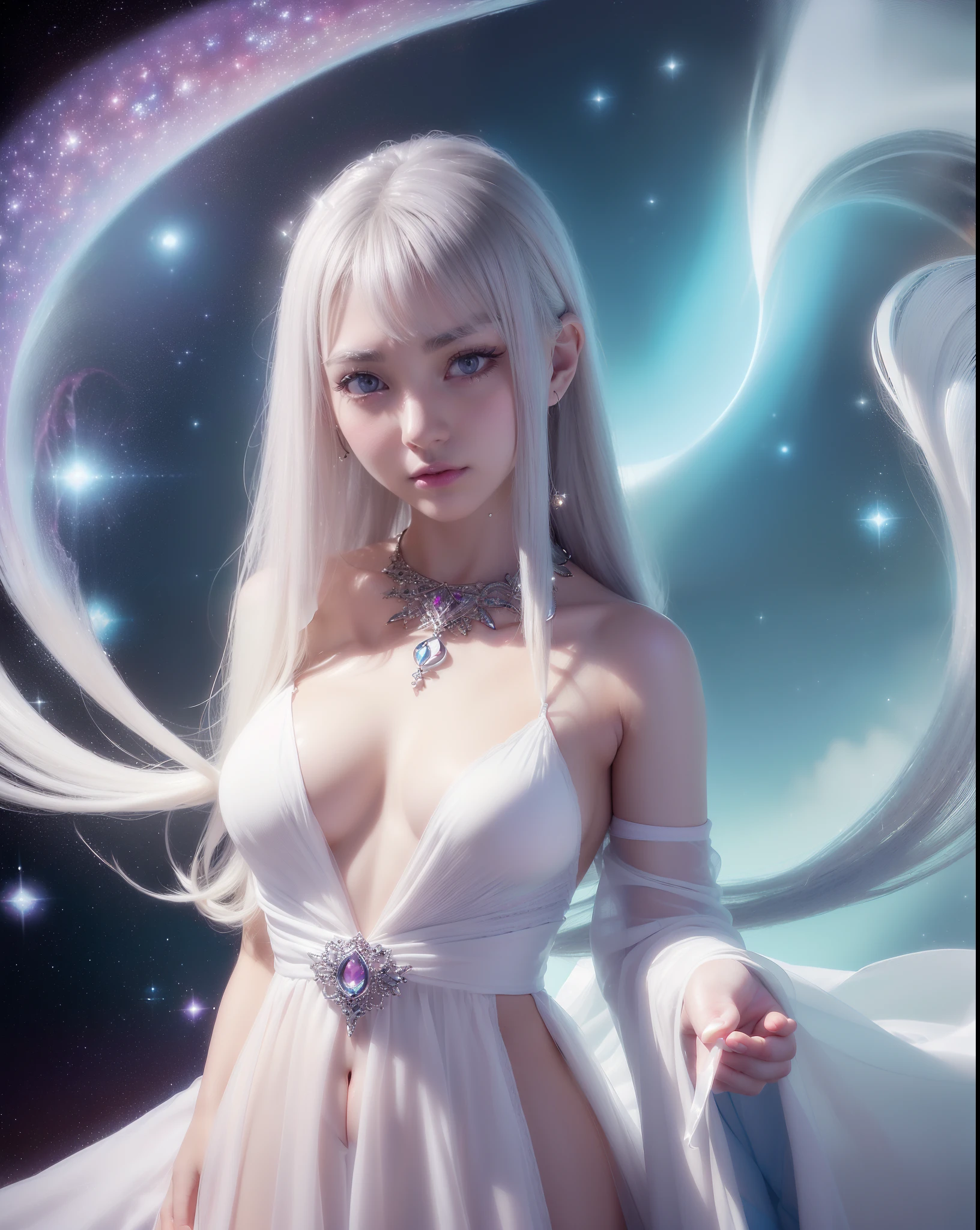 An ultra-high picture quality、(((full body Esbian)))、frontage、bilaterally symmetrical、((The background is a very dark Milky Way))、(((Planktonic)))、colourfull、muitoﾘｱﾙHuman texture、 ((( very cute beautiful Prague white girl)))、((Very white skin of a 14-year-old uca girlth transparent blood vessels showing through))、(((very long and high nose of a white woman,,,,,,,,,,,,,,,,,,)))、(((Under the short nose)))、(((no-makeup)))、 (1girl in:1.3),  Light persona, Dark Persona, mind control, fractral, ceiling, Artistic background, Geometric, organics, blessings, favor, noble, unfolded, elucidation, antigravity, Antimatter, holy, Sacred, spiritual, Dignified, Luminescent, Holographic, About Magic Circle, photons, scales, Beak,(artistic)、(((The most fantastic brightly colored eyebrows))),,(((Glittering pale light blue silver hair and eyebrows)))、(((Super luxurious see-through Western style long dress with plenty of luxury accessories)))、(((Beautiful white skin with hair and pores,)))、(((Extremely delicate and brightly colored targets)))、(((Beautiful glowing caucasian woman with iris iris eye with ultra high definition pattern)))、(((I love you)))、Lots of luxury knick-knacks,(((Small drooping eyes with a gentle feeling)))、(((very thin eyelashes,,,,,,,,,,)))、(((Realistic naked eye)))、High Definition Lip、Beautiful double eyelids、(((Cute girlish hairstyle spreads softly..................)))、(((A Princess)))、(((large chest directed upwards in a very three-dimensional pointed shape,,,,,,,,,,,,,,,,,,,,,,,,,,,,,)))、(((Dreams)))、(((Your imagination)))、(((Fluffy High Half Twin Tail Hair)))、Luxurious Princess Tiara、Luxury Princess Necklace、(((Looking at the camera)))、(((A gaze to look here)))、With movement、One face