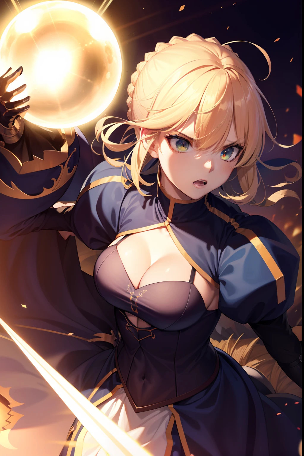mystic atmosphere , contrasting color, (Best quality,high resolucion:1.2),Ultra-detailed,Realstic:1.37,Artoria in a city charging a huge attack,scintiller,Castle in the background,Iconic poses,Excalibur,Detailed armor,beautiful detailed eyes,beautiful detailed lips,Cils longs,vent soufflant cheveux,Royal and determined expression,glowing sword,Large orb of brilliant energy,Torn banner,debris flying around,dramatic lighting,Colorful contrasting tones, net face , detailed face , angry face , Ethereal glow that surrounds it, Impressive special effects,magical aura, Pulsating invigorating energy throughout the scene,Immersive and captivating experience , unleashing power , unleashing attack, unleashing an enormous ray of power from her sword , she carry her sword uppon her head