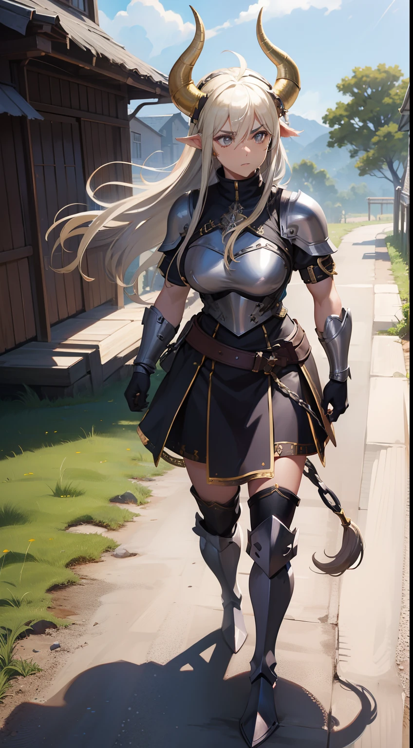 1woman,30s,cow horns,solo,muscle, templar golden knight outfit, gray long chainmail skirt, head armor,face armor, black long boots, road, masterpiece, HD, vibrant,night