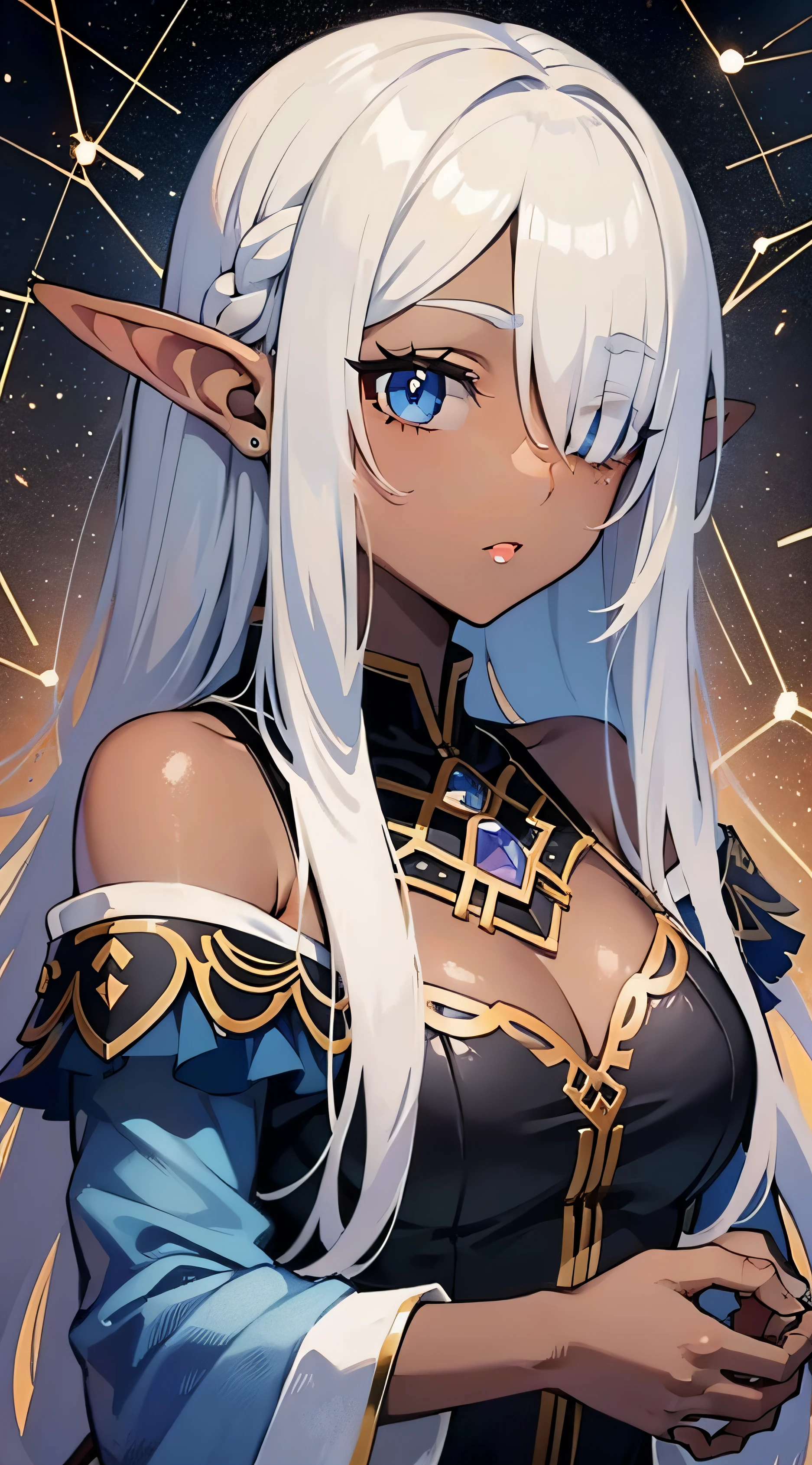 anime screen cap、(darkskinned)、Hair over one eye:1.5、One eye is hidden by hair、very asymmetrical bangs、elvish、the eye of the universe、a sorceress、constellation