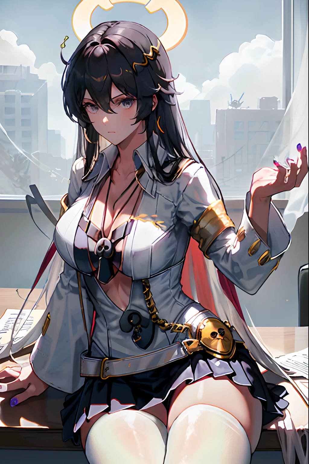 boa hancock, 1girll, Solo, ((White shirt)), black thighhigns, Breasts, cleavage, uniform, office backdrop, Black skirt, Pleated skirt, Office, hair between eye, Large breasts, Long hair, view the viewer, Black hair, red short nails, Purple eyes, Solo, upper legs, Thighs, Very long hair, ((Masterpiece)), Sitting, chair, desk, Computer on desk, name tag, id tag, indoor, golden earing, short- sleeved, office shirt top,