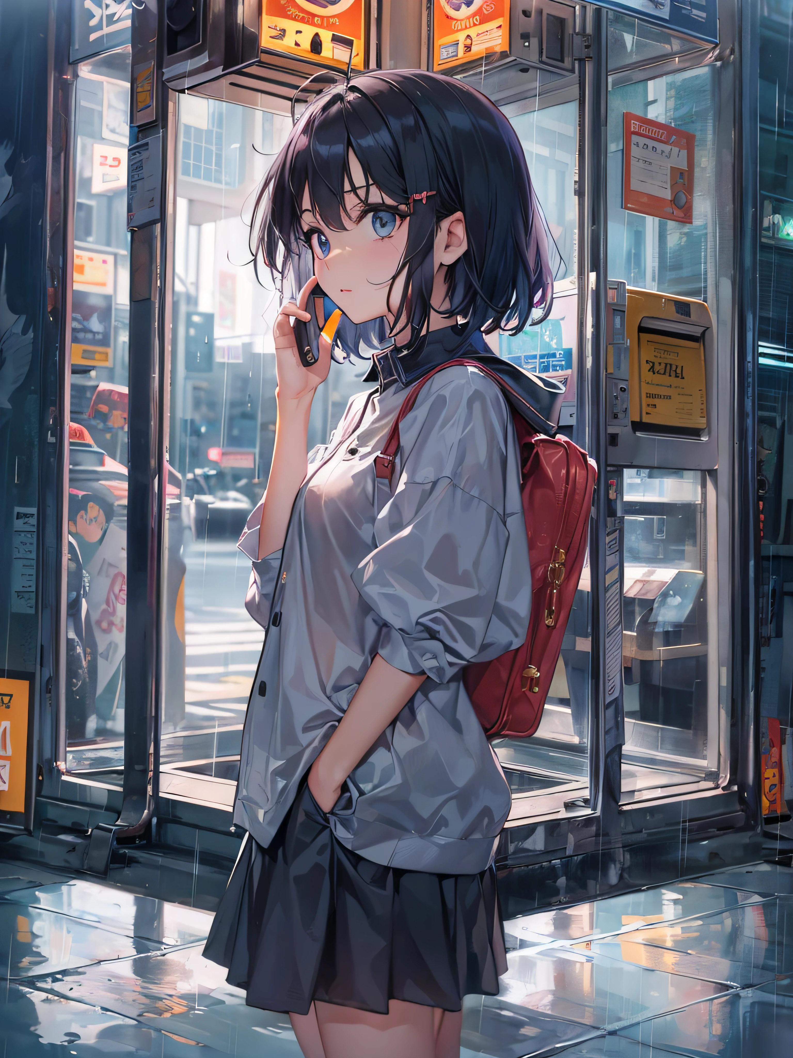 (masterpiece, highest quality: 1.3), (16k, high resolution: 1.3), Street corner, old phone booth, cute  girl leaning on the phone booth and looking up at the sky, it's raining, young and cute one anime woman, beautiful face, sunshine, cinematic light, (full body: 1.5), one beautiful woman, beautiful dark eyes, Very beautiful face, detailed face, detailed eyes, Very beautiful black hair, short hair. , perfect anatomy, so cute, princess eyes, (black eyes), whole body