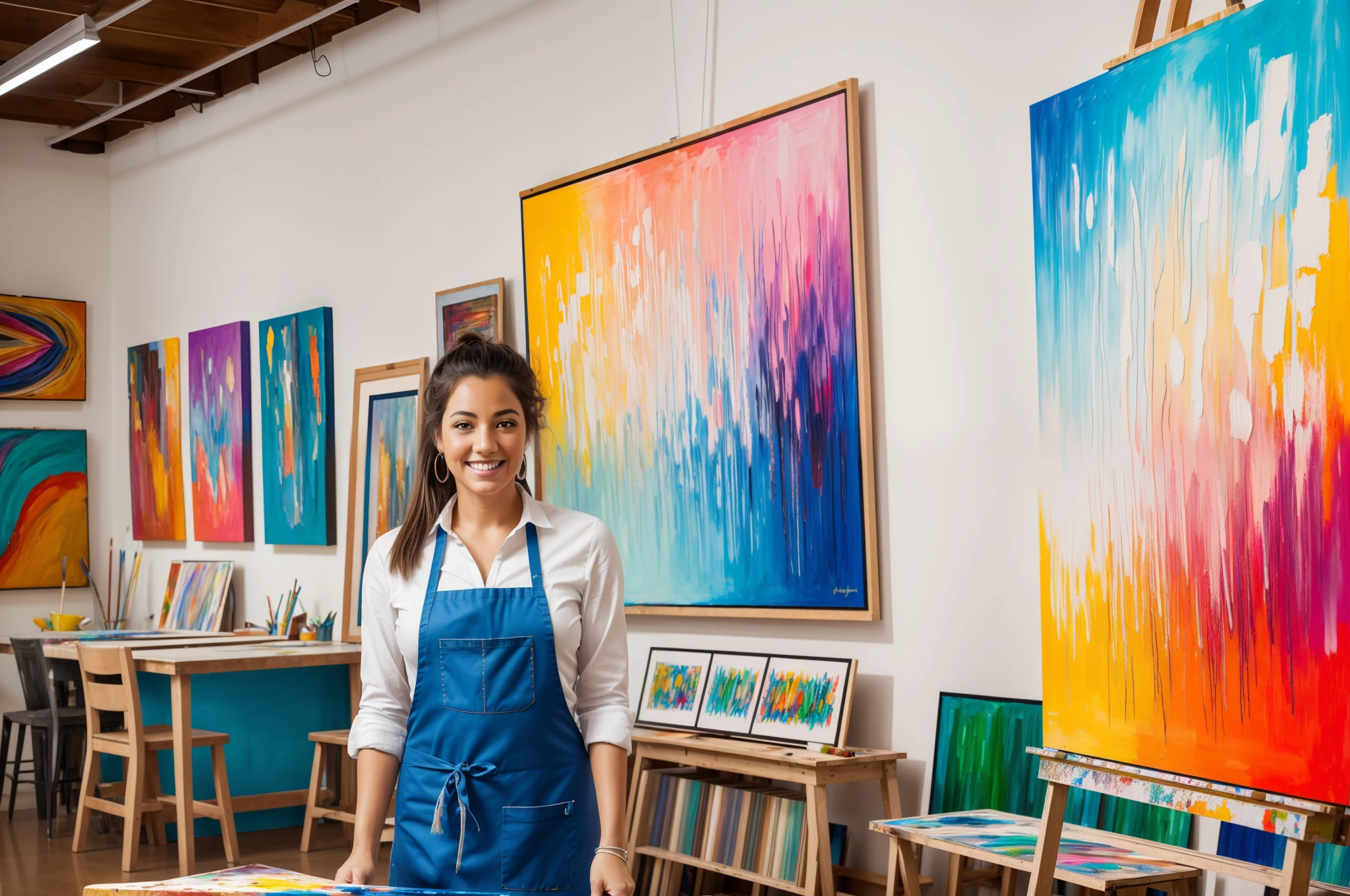 An art teacher standing in a colorful studio, surrounded by vibrant paintings and art supplies. The teacher has a warm smile, expressive eyes, and a creative aura. They are wearing a professional artist's attire, with an apron and paint smudges on their hands. The studio is filled with natural light, casting beautiful shadows on the artwork. The paintings on the walls showcase various art styles, from abstract to realism. The teacher holds a palette and brushes, ready to inspire and guide their students. The atmosphere is filled with creativity, passion, and a sense of wonder. The colors are vivid and saturated, creating an energetic and lively ambiance.
(best quality,8k),(ultra-detailed,realistic:1.37),(professional,creative),(vibrant art studio),(expressive eyes),(paint smudges),(artist's attire),(paintings on the walls),(abstract and realistic art),(natural light),(palette and brushes),(creative atmosphere),(vivid and saturated colors)