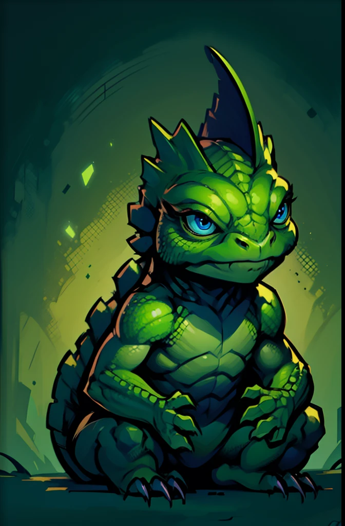1young lizard, chibi, anthropomorphic, green scale, big blue eyes, simple dark background