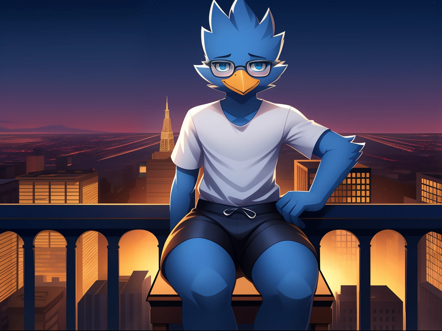 Berdly from Deltarune, solo, perfect face, perfect eyes, detailed eyes, wearing glasses, glasses, male, avian, bird, blue body, white shirt, short sleeves, thick thighs, wide hips, black shorts, bird tail, sitting, curvy, absurderes, looking at you, from above, legs closed,ultra-detail、 Berdly, apartment porch, Captures a wide field of view with a uniquely curved perspective。Faraway view 、Soft light、Evening glow、Panoramic cityscape、Dramatic skyline、Create an elevation-sensitive rooftop view in an urban setting、Creates a cohesive and visually stunning whole