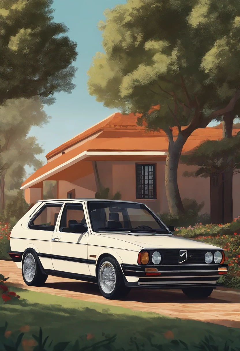 Vista lateral de um golf estilizado, art design, car wrap,esthetic, estilo anime nos anos 90, arte detalhada do anime, Arte de anime vintage dos anos 90, sombreamento de anime tradicional, Art with retro vibe, nostalgia, Clean and crisp details, arte com senso de movimento, Alto contraste, ultra-detalhado, Minimalista, History of the SEM