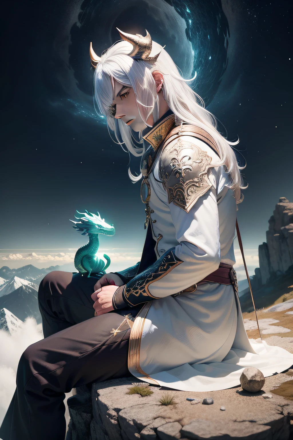 Homem,tem cabelo branco,olhos azuis,he's sitting on top of a mountain,you have a dragon on your side,ele usa roupas dourados,The dragon is white,he's doing spells.