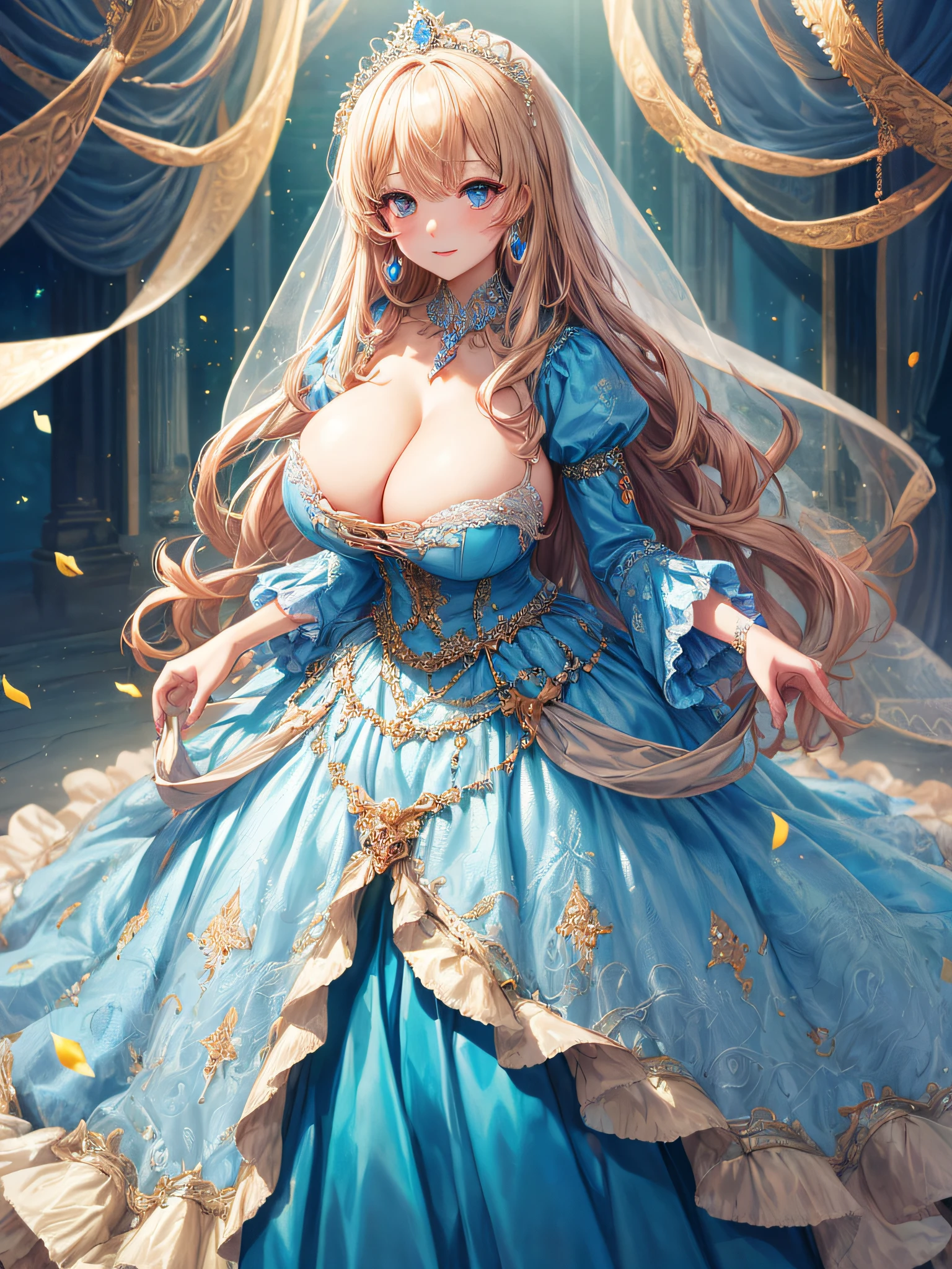 (masterpiece, best quality,extremely detailed:1.1),(moe anime art style:1.2),1girl,((full body)),((solo)), cute, kawaii,digital art,((1 bling-bling anime princess wearing beautiful embroidery and jeweled ruffled gorgeous princess ballgown with voluminous full length hoop skirt)),((crinoline)),long train,voluminous frills,(gorgeous embroidery and beautiful lace),((very gigantic boobs,skindentation)),cleavage,shiny hair,(((very long straight hair))),((finely detailed face and eyes)),clear pupil,extremely gorgeousfull hair ornament,(bling-bling jeweled extremely gorgeousfull tiara),(bling-bling gorgeous gemstone jewelry),long veil,beautiful background,fantasy background,flowers,flower petals flowing,full body,((beautiful embroidery and jeweled ruffled gorgeous princess ballgown with voluminous full length hoop skirt))