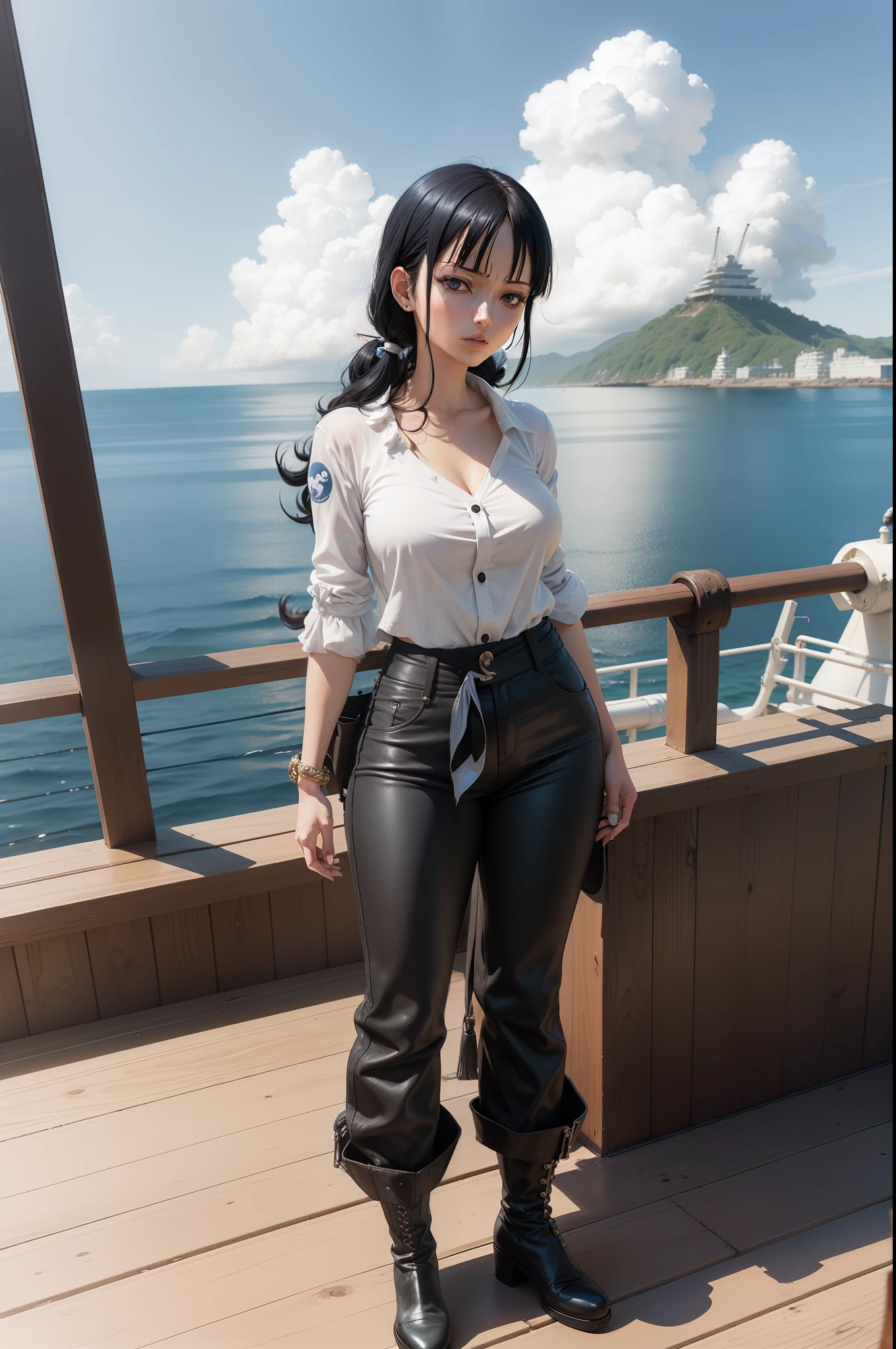 ((One Piece)), The woman, black hair, Hairstyle with claw clip, Bangs, blue eyes, high boots, pants, White clothes, Blue Japanese cloud tattoo, standing on the deck of a ship